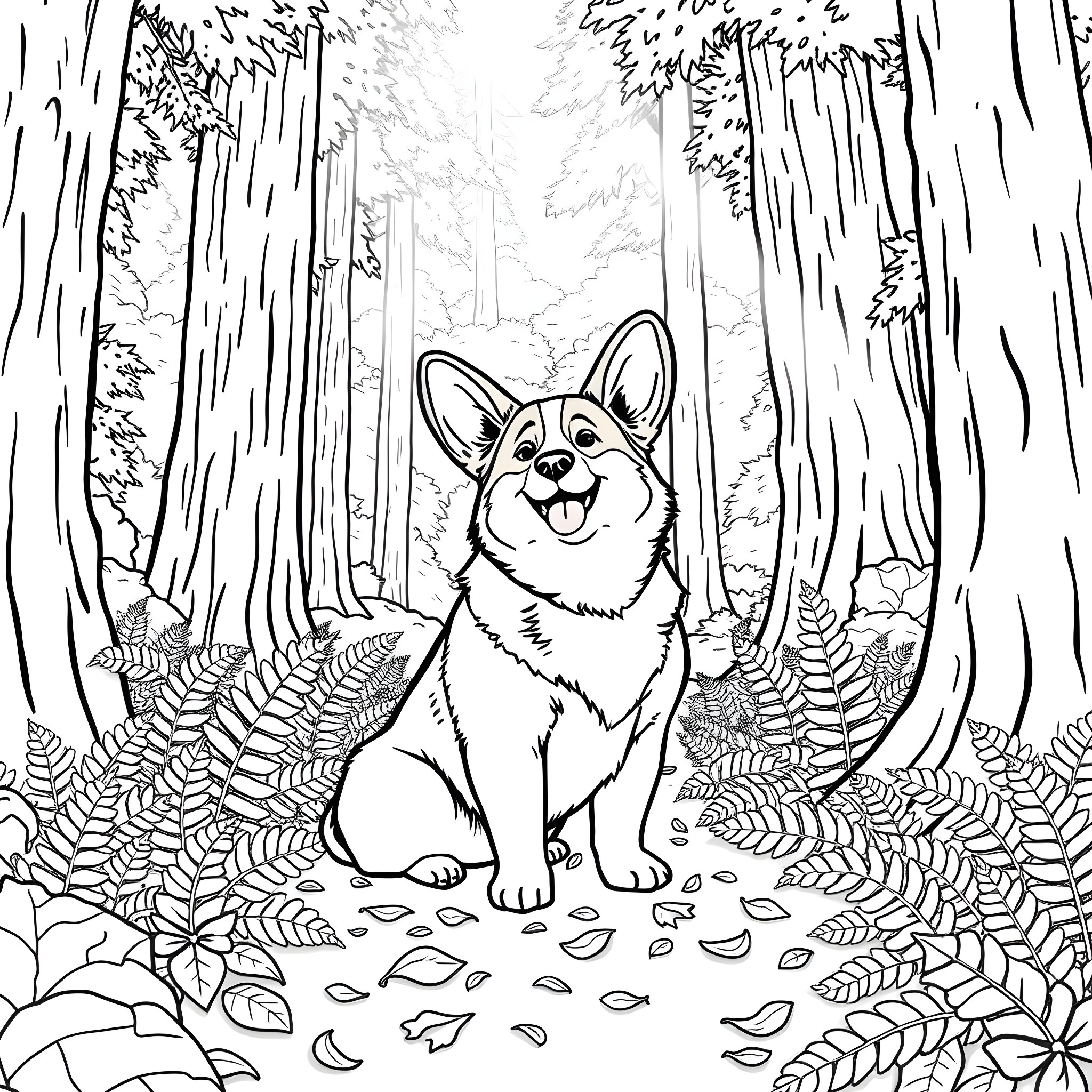 Corgi exploring the enchanting forest Coloring Page (free black-and-white line drawing printable PDF for all, from beginners to advanced learners, including children, teens, adults, and seniors)