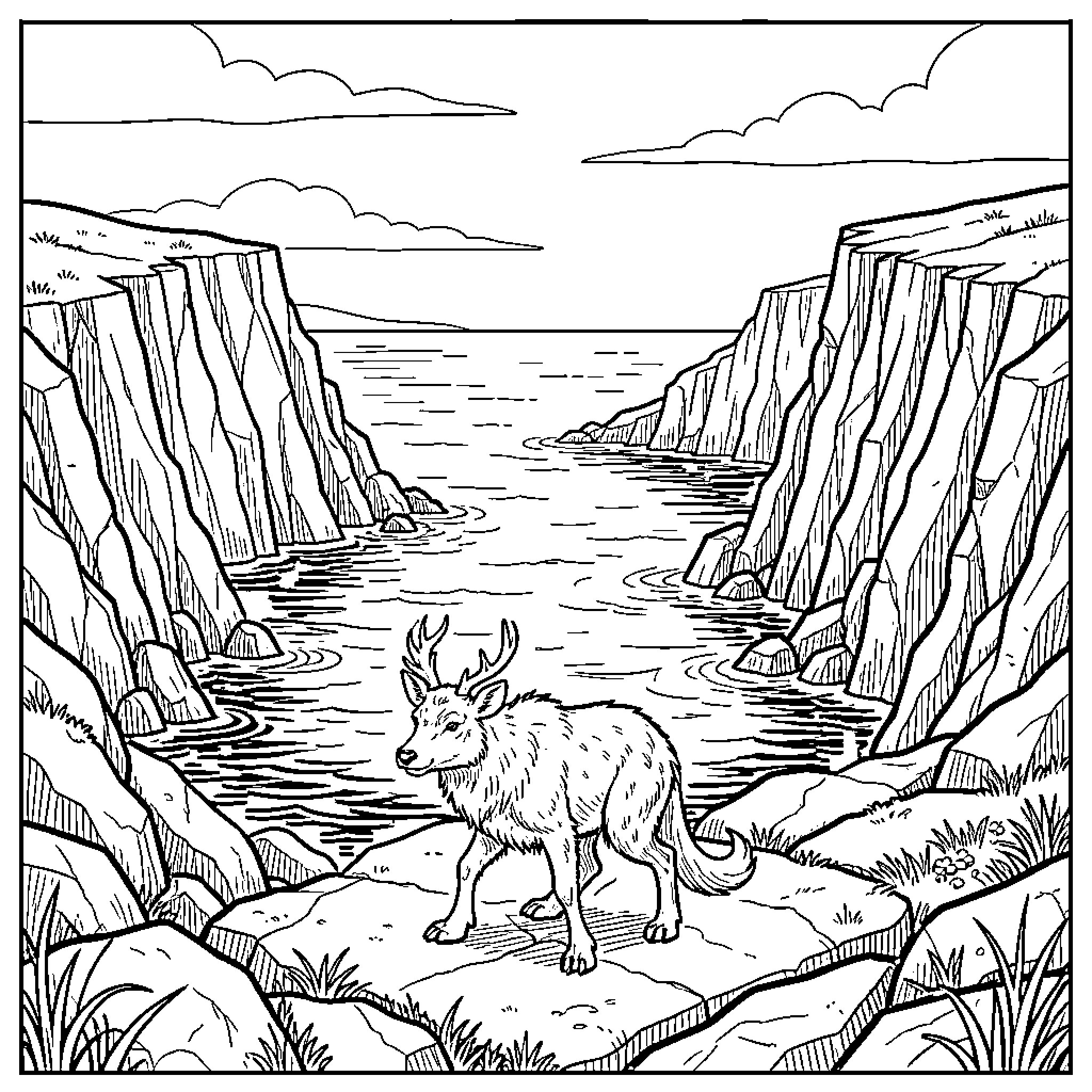 Huntrix mystical creature walking along rocky coastal cliffs Coloring Page (free black-and-white line drawing printable PDF for all, from beginners to advanced learners, including children, teens, adults, and seniors)