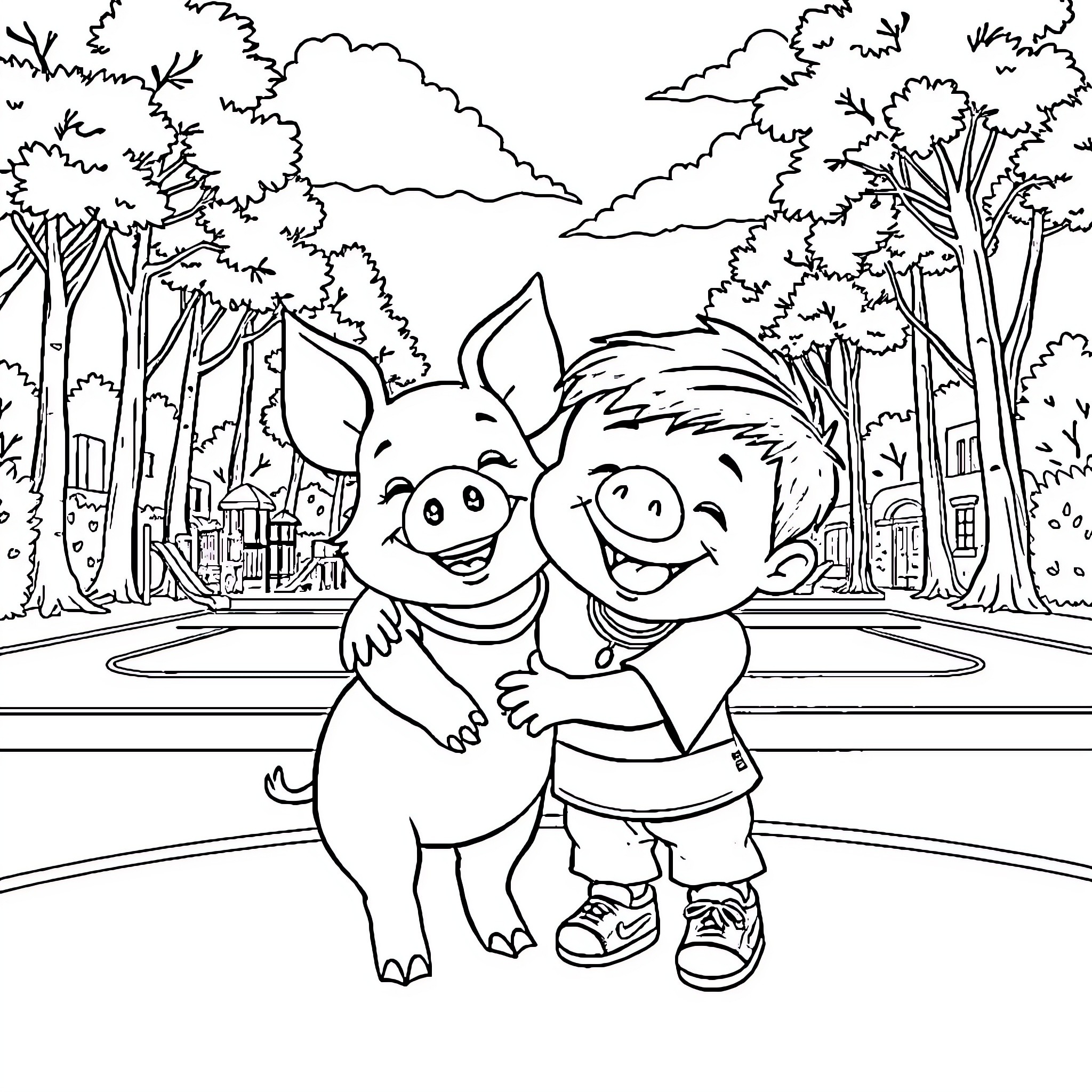 Pig friends enjoying outdoor adventure Coloring Page (free black-and-white line drawing printable PDF for all, from beginners to advanced learners, including children, teens, adults, and seniors)