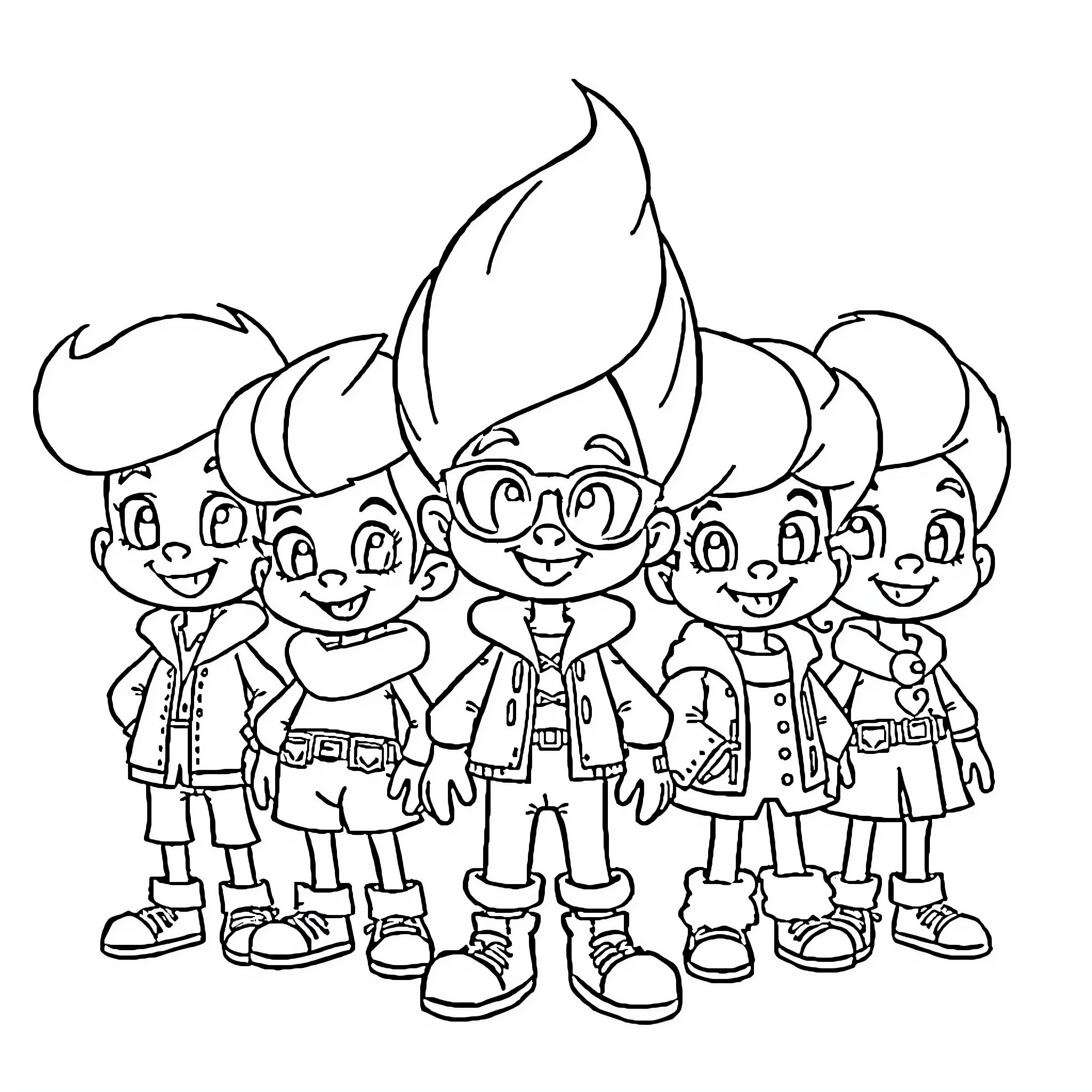 Sprunki characters in uniforms and costumes Coloring Page (free black-and-white line drawing printable PDF for all, from beginners to advanced learners, including children, teens, adults, and seniors)