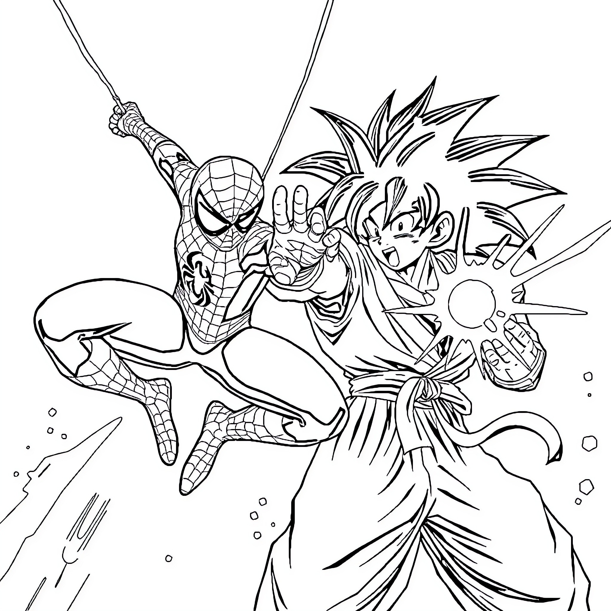 Spiderman Swinging into Action Against Fierce Foes Coloring Page (free black-and-white line drawing printable PDF for all, from beginners to advanced learners, including children, teens, adults, and seniors)