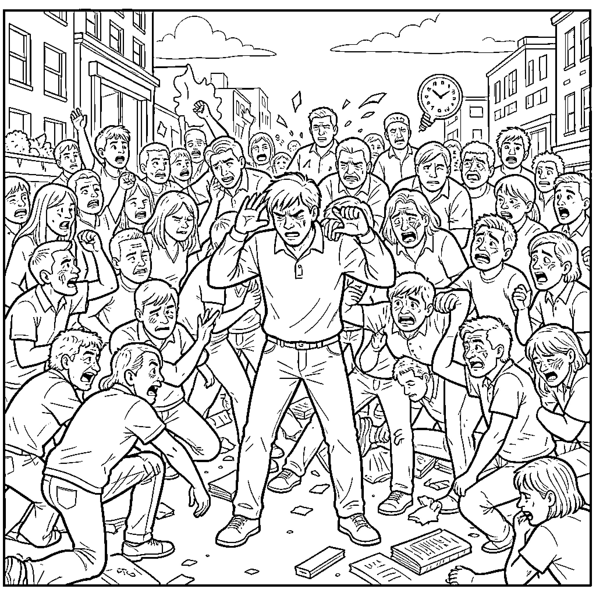 Person shouting amidst an angry crowd of people Coloring Page (free black-and-white line drawing printable PDF for all, from beginners to advanced learners, including children, teens, adults, and seniors)