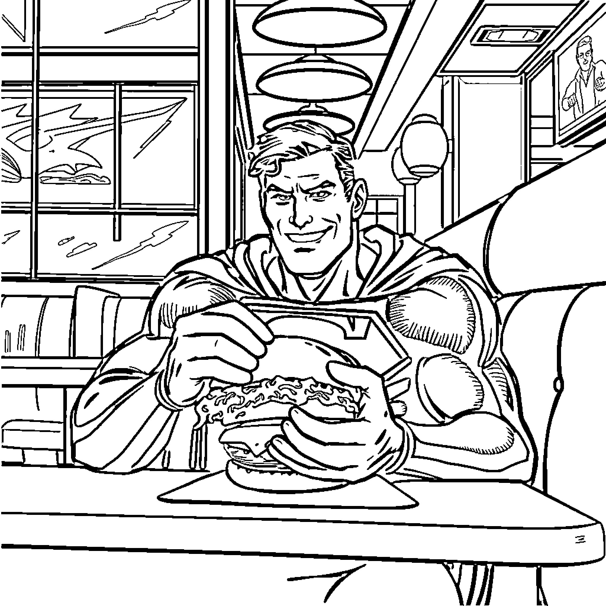 Superman enjoying a delicious meal in his office Coloring Page (free black-and-white line drawing printable PDF for all, from beginners to advanced learners, including children, teens, adults, and seniors)
