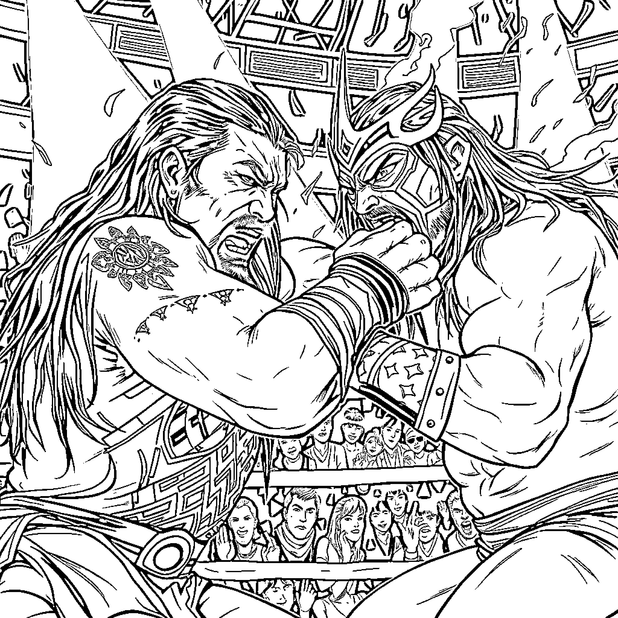 Roman Reigns Engaging in Intense Confrontation Coloring Page (free black-and-white line drawing printable PDF for all, from beginners to advanced learners, including children, teens, adults, and seniors)