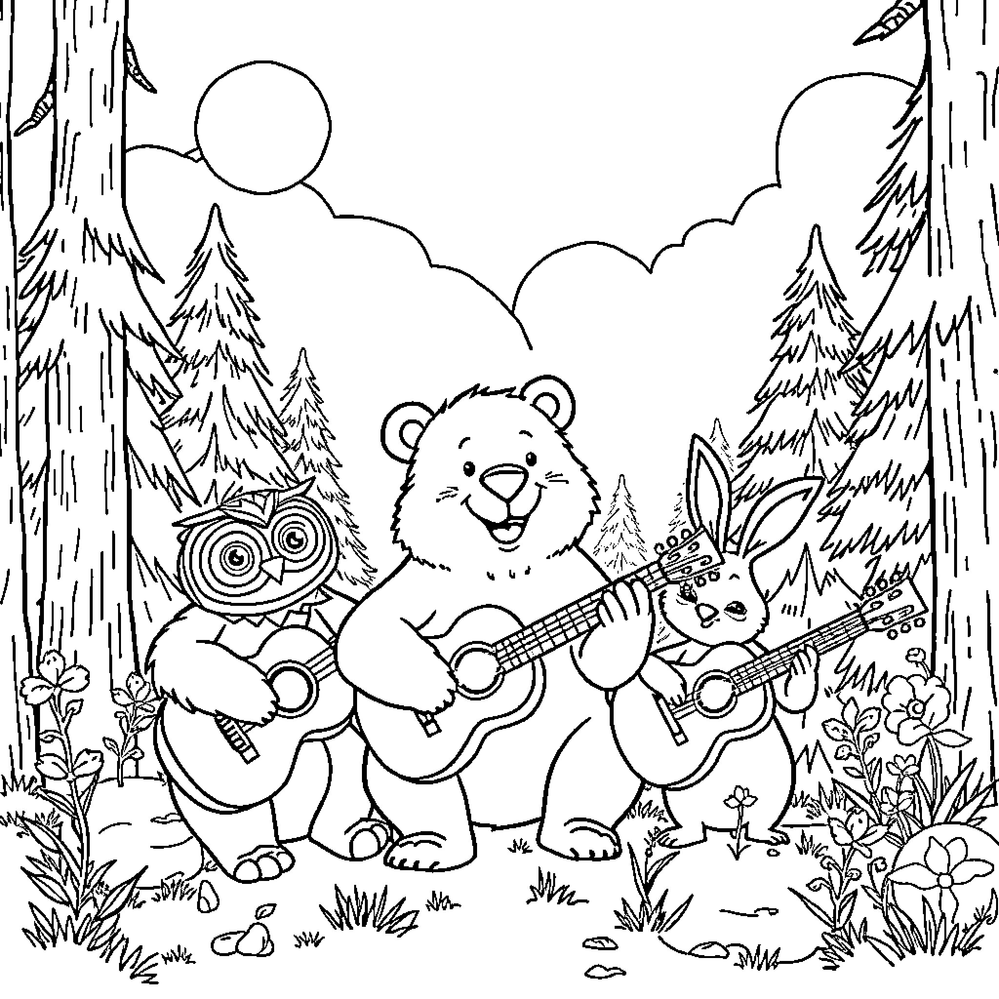Bear playing guitar with friends in forest Coloring Page (free black-and-white line drawing printable PDF for all, from beginners to advanced learners, including children, teens, adults, and seniors)