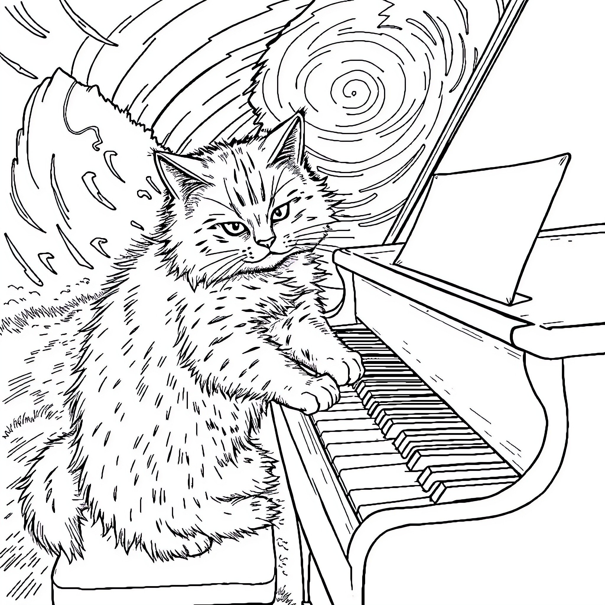 Cat playing piano in swirling storm Coloring Page (free black-and-white line drawing printable PDF for all, from beginners to advanced learners, including children, teens, adults, and seniors)