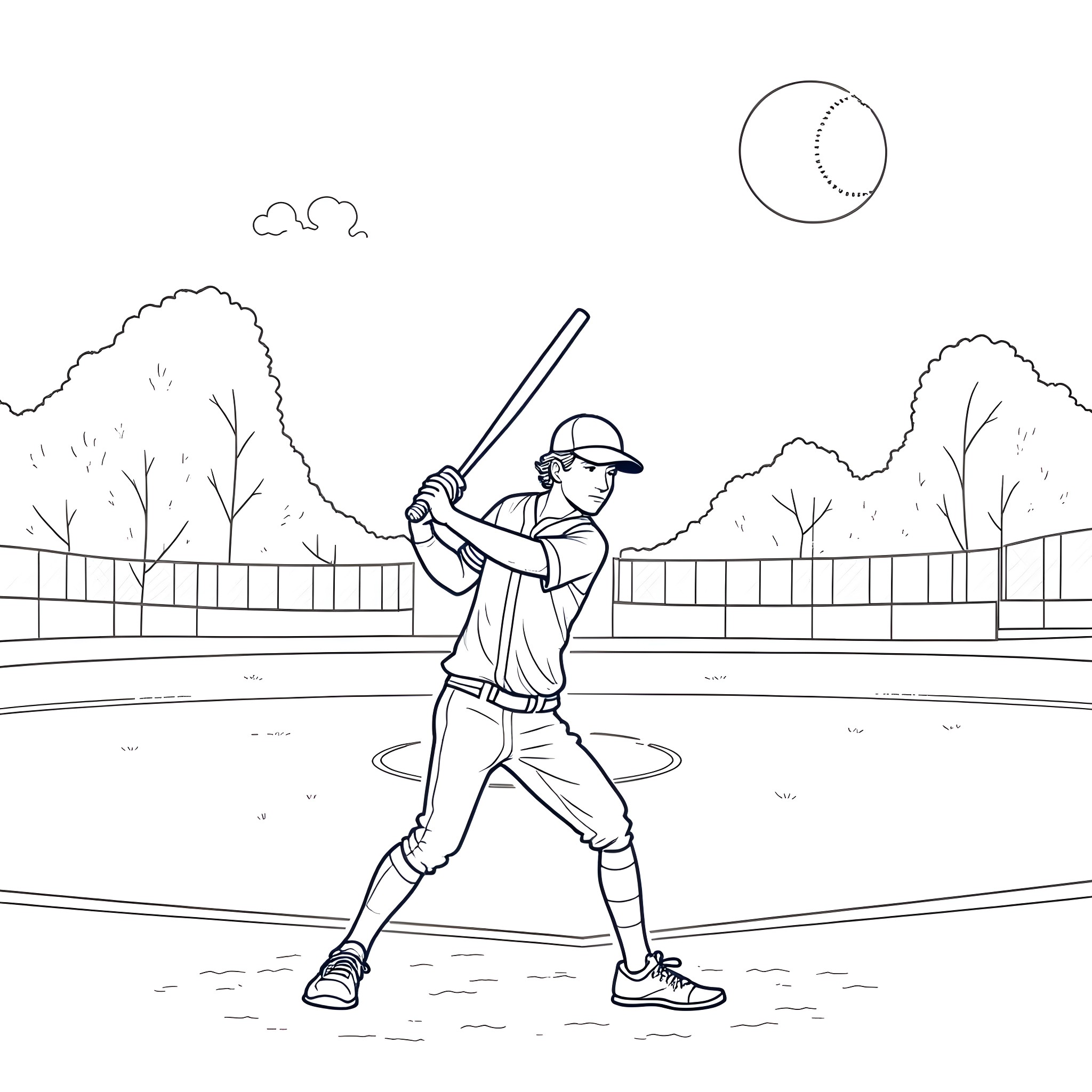 Bluey playing baseball on the field Coloring Page (free black-and-white line drawing printable PDF for all, from beginners to advanced learners, including children, teens, adults, and seniors)