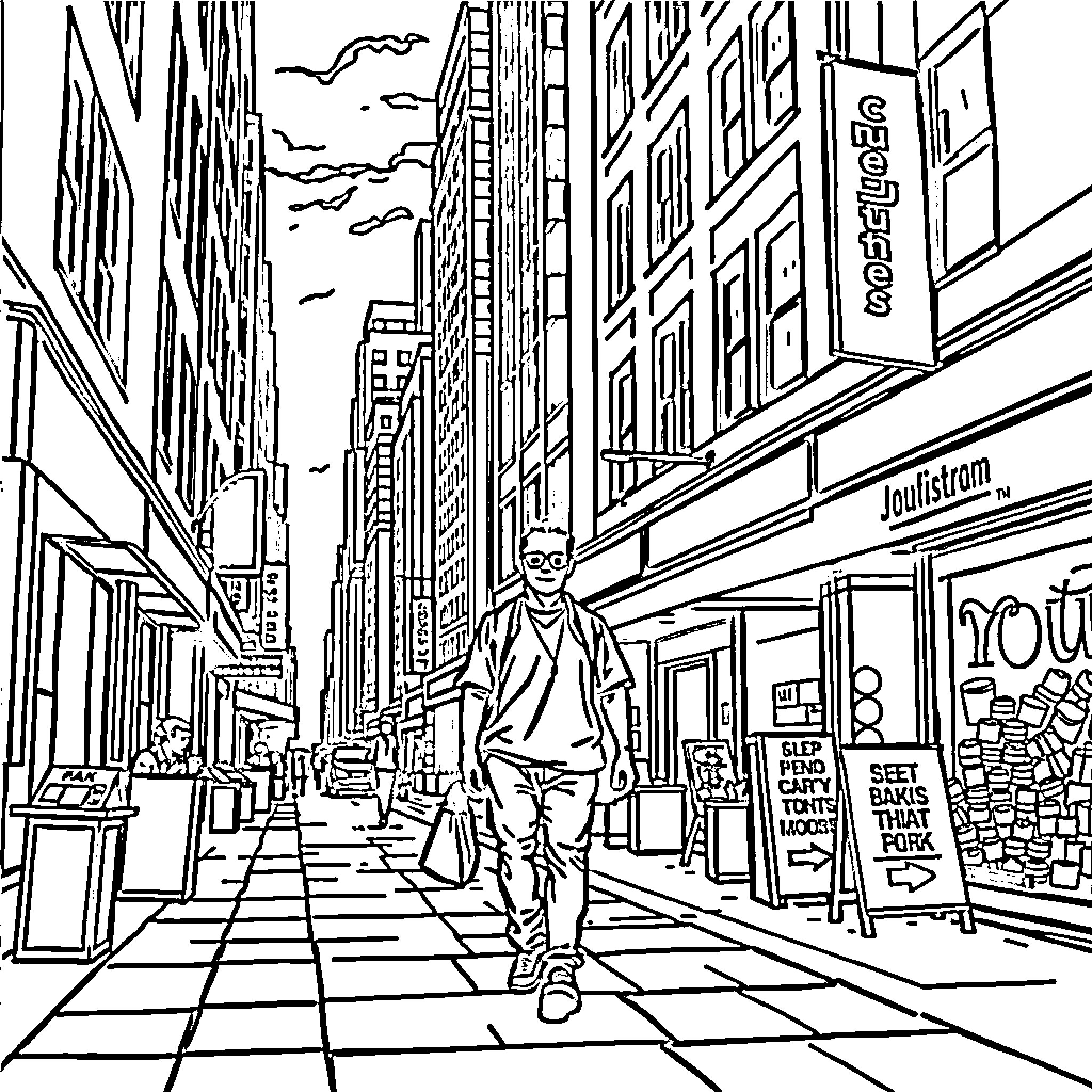Man walking through busy city street with storefronts Coloring Page (free black-and-white line drawing printable PDF for all, from beginners to advanced learners, including children, teens, adults, and seniors)
