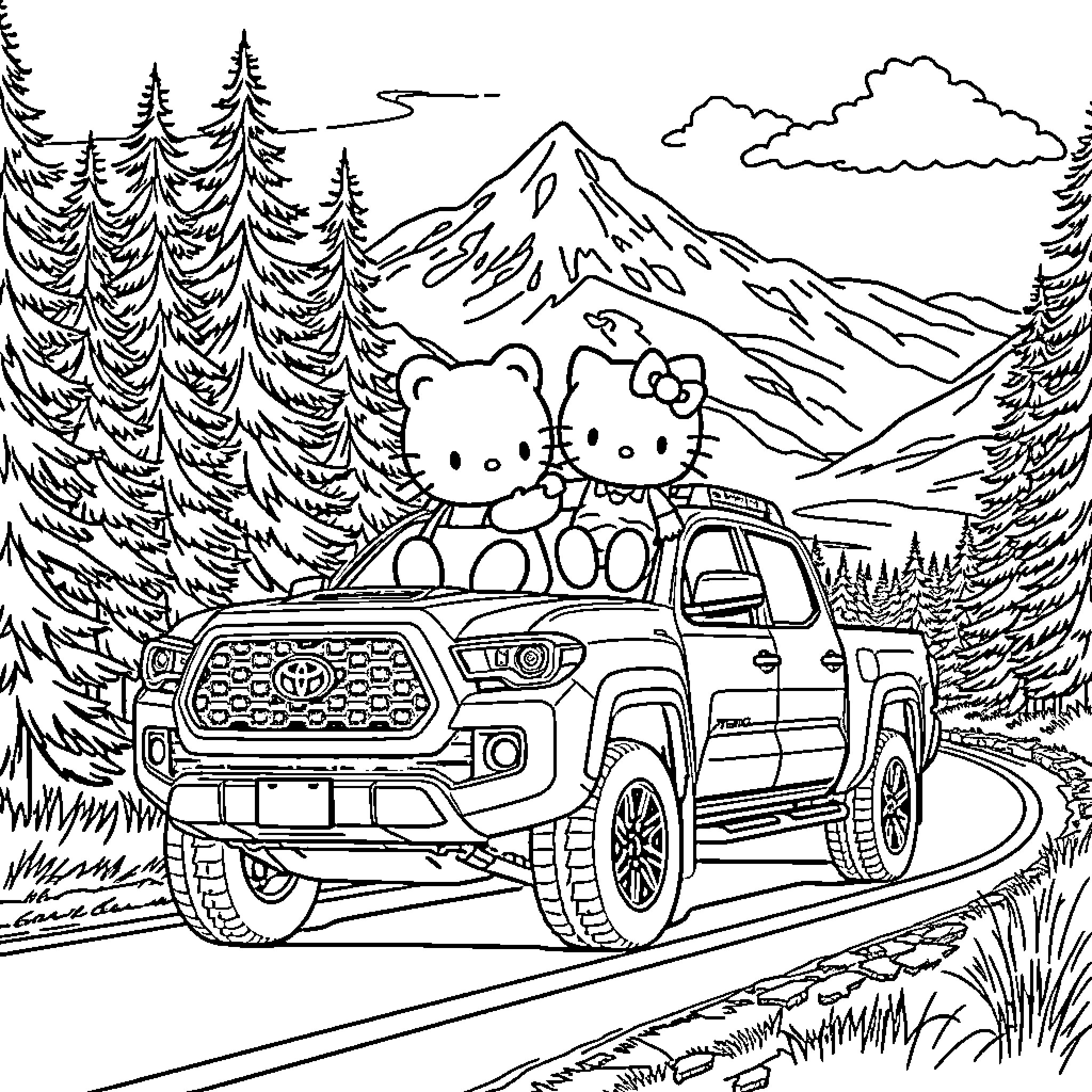 Bear friends go on a mountain road trip Coloring Page (free black-and-white line drawing printable PDF for all, from beginners to advanced learners, including children, teens, adults, and seniors)
