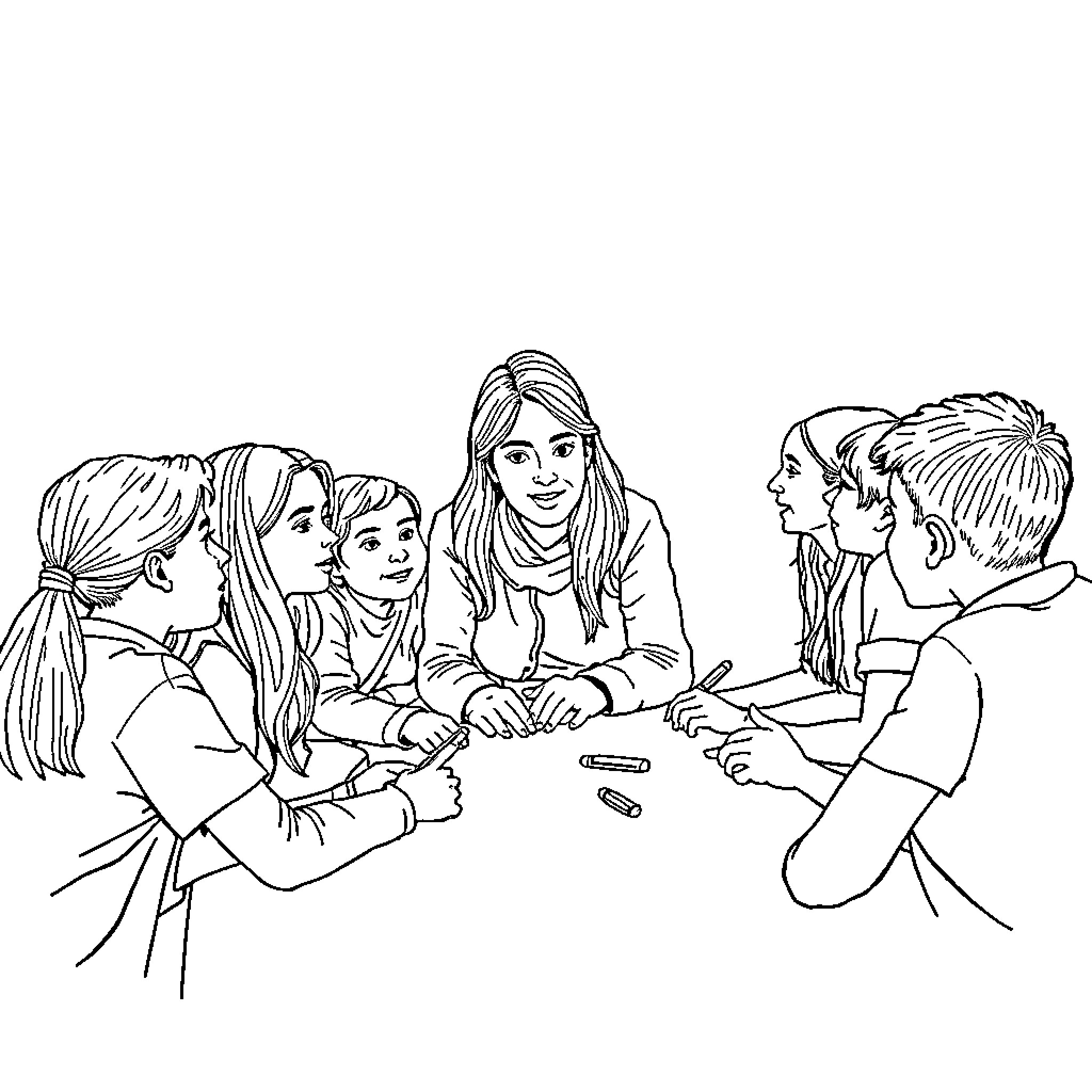 Susi Pallero and a group of children engaging in learning activity Coloring Page (free black-and-white line drawing printable PDF for all, from beginners to advanced learners, including children, teens, adults, and seniors)