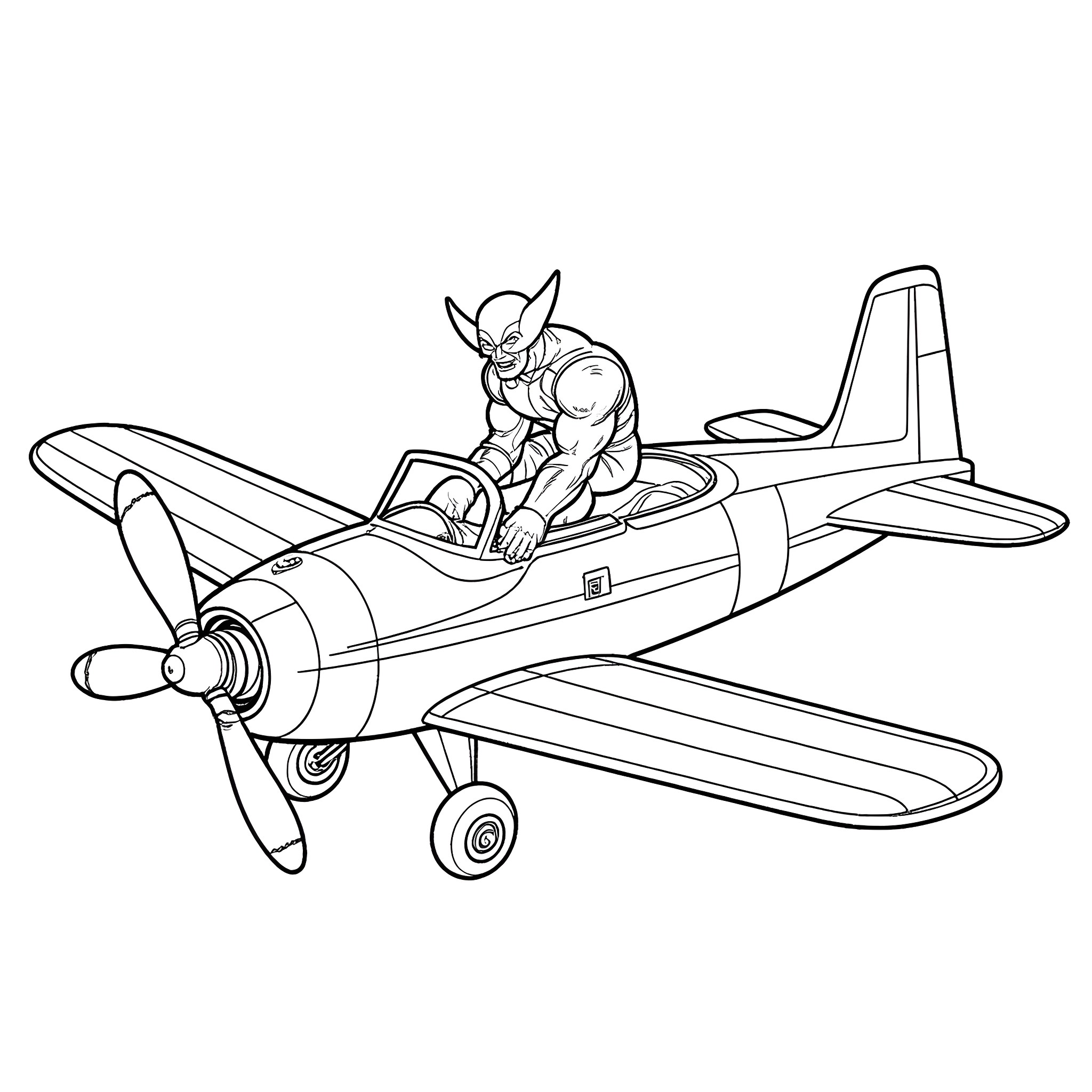 Wolverine piloting a vintage aircraft Coloring Page (free black-and-white line drawing printable PDF for all, from beginners to advanced learners, including children, teens, adults, and seniors)
