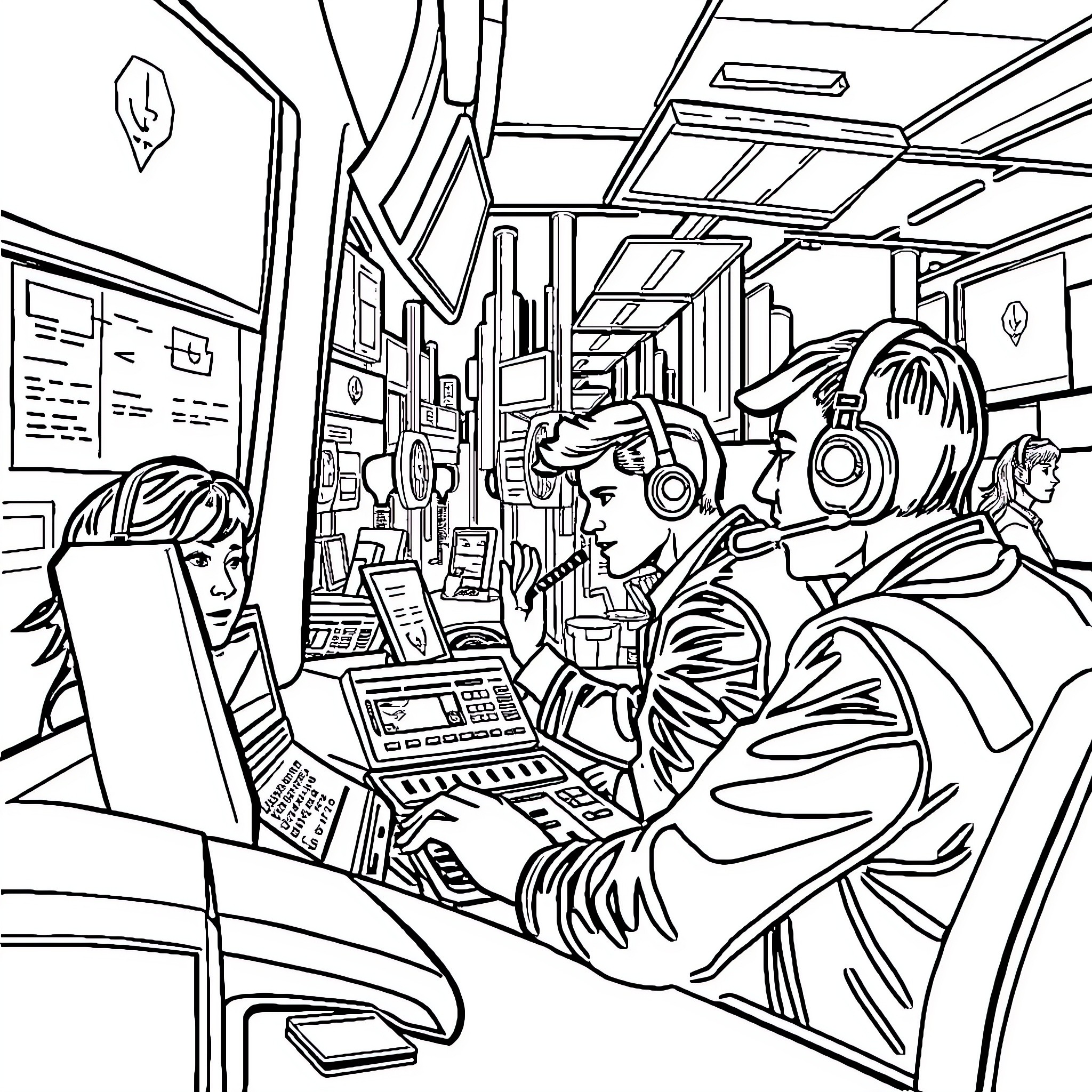 Radio Taxi: Busy Control Room with Operators at Work Coloring Page (free black-and-white line drawing printable PDF for all, from beginners to advanced learners, including children, teens, adults, and seniors)