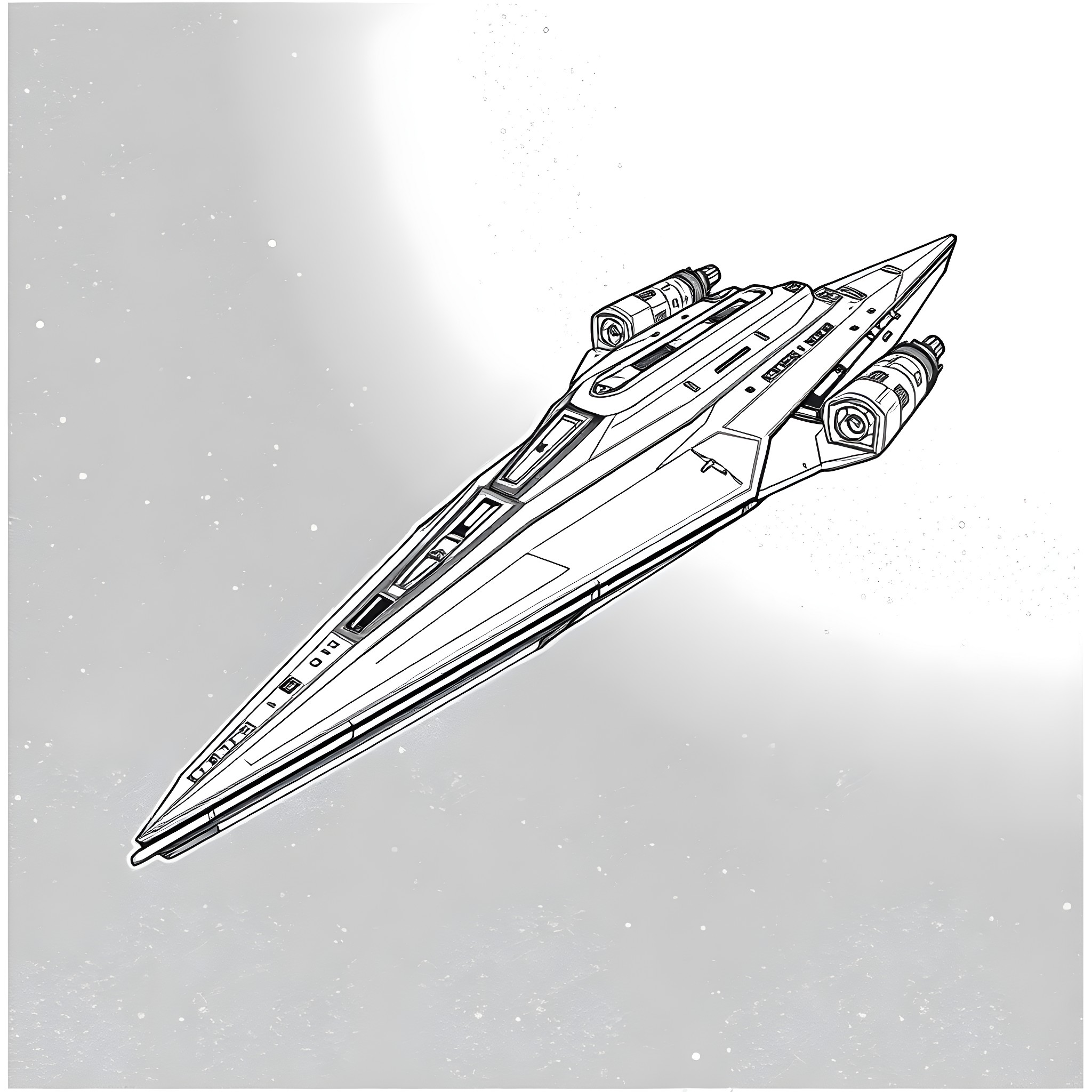 Klingon D-7 Battlecruiser soaring through the cosmos Coloring Page (free black-and-white line drawing printable PDF for all, from beginners to advanced learners, including children, teens, adults, and seniors)