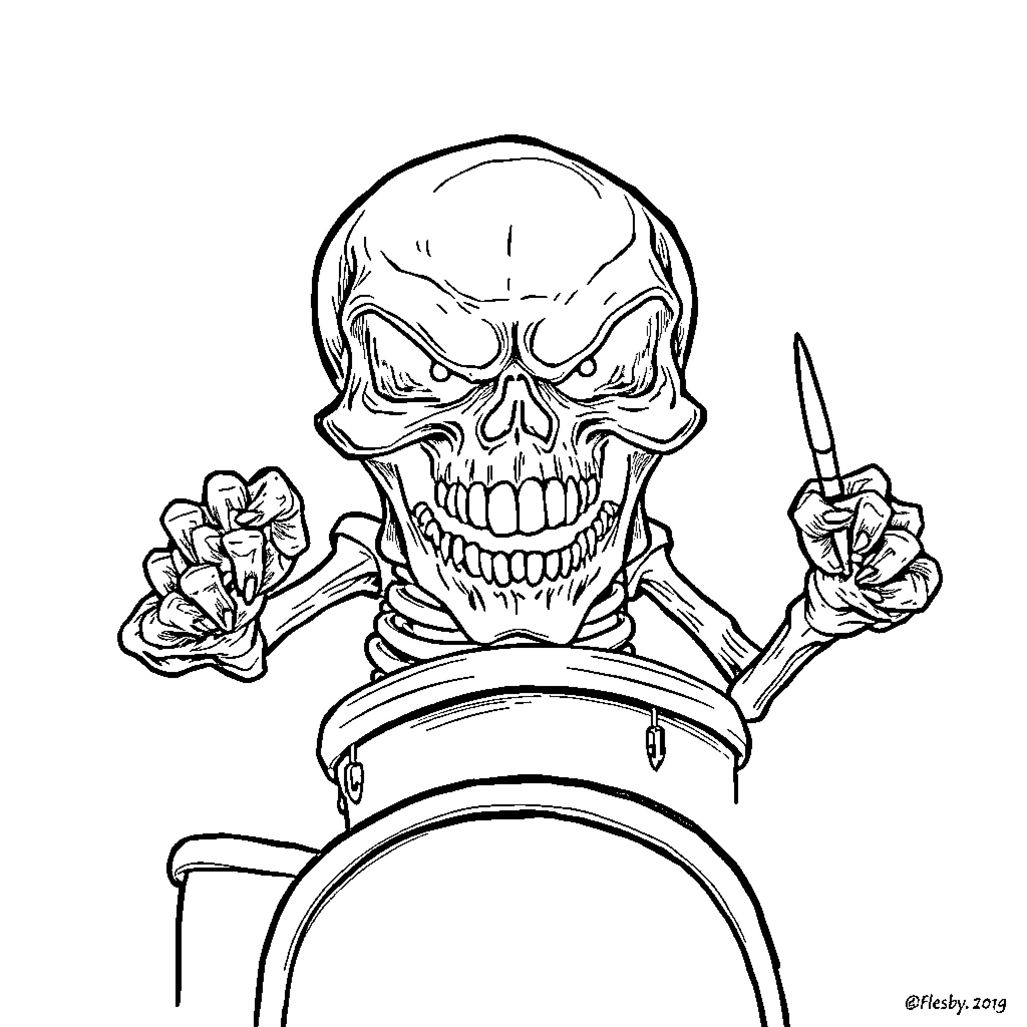 Skull with menacing expression holding knives Coloring Page (free black-and-white line drawing printable PDF for all, from beginners to advanced learners, including children, teens, adults, and seniors)