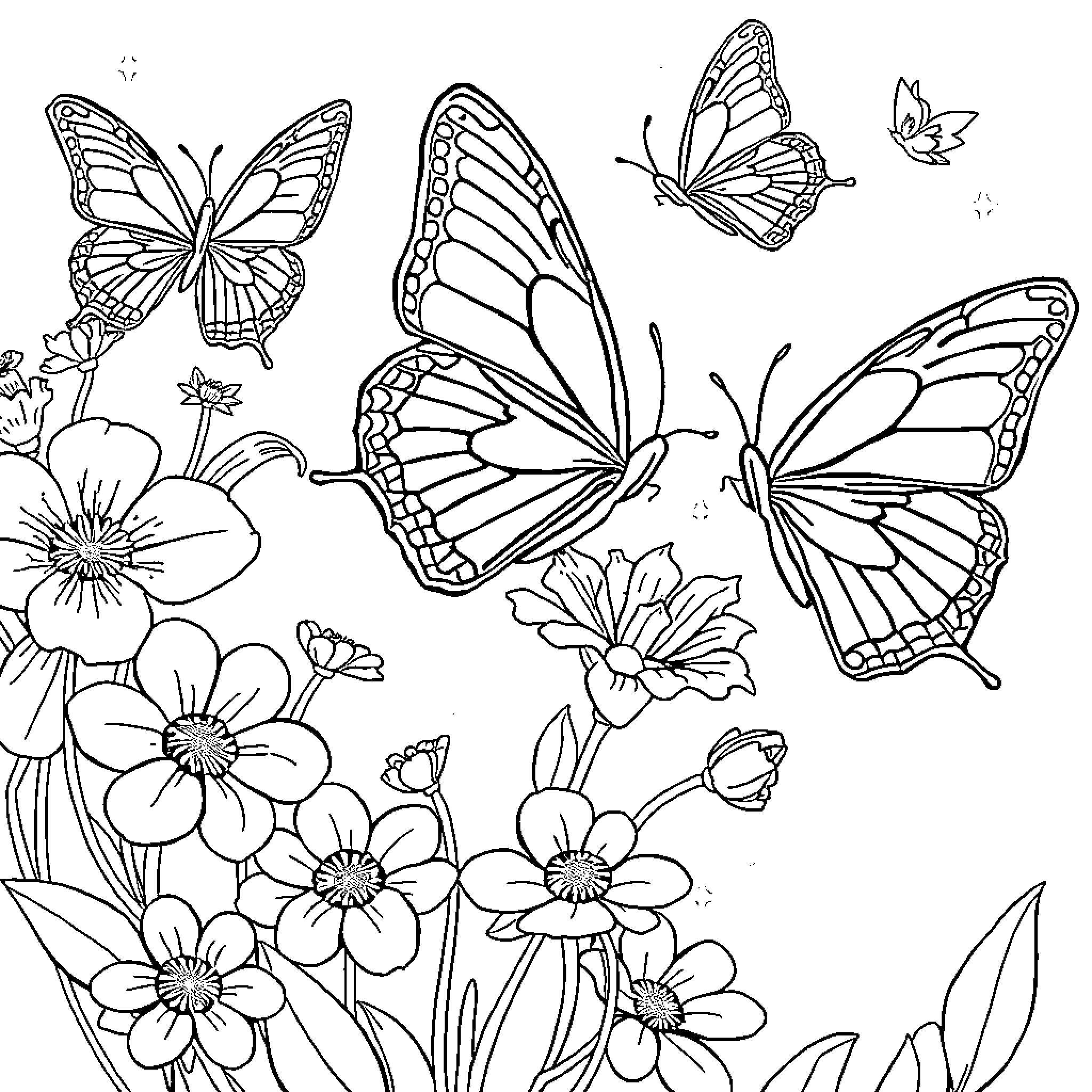 Flower-filled scene with butterflies in flight Coloring Page (free black-and-white line drawing printable PDF for all, from beginners to advanced learners, including children, teens, adults, and seniors)