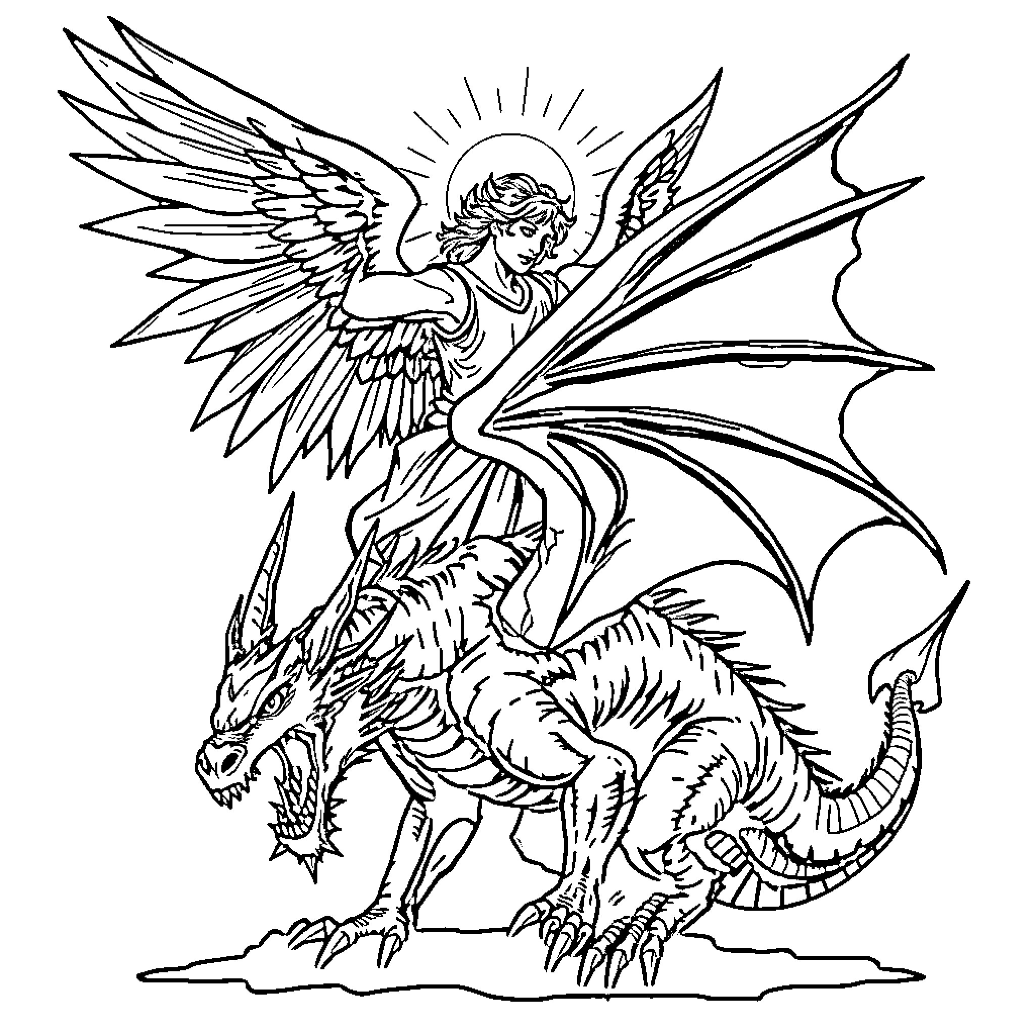 Archangel battling a fierce dragon Coloring Page (free black-and-white line drawing printable PDF for all, from beginners to advanced learners, including children, teens, adults, and seniors)