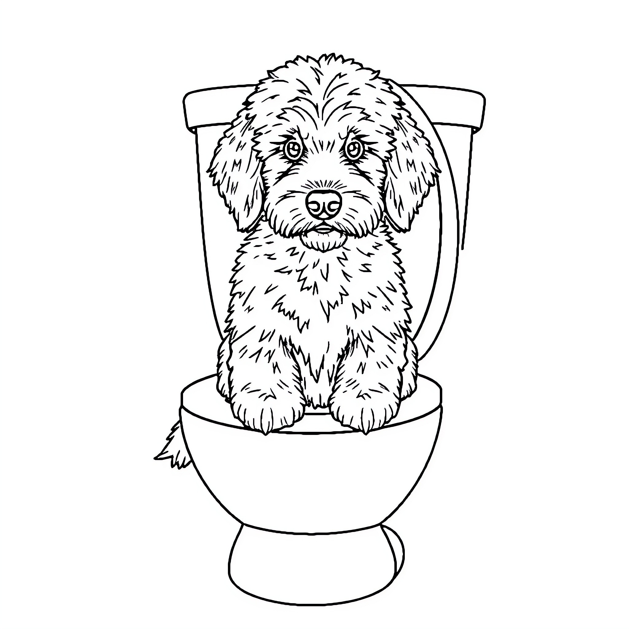Goldendoodle sitting in toilet bowl Coloring Page (free black-and-white line drawing printable PDF for all, from beginners to advanced learners, including children, teens, adults, and seniors)