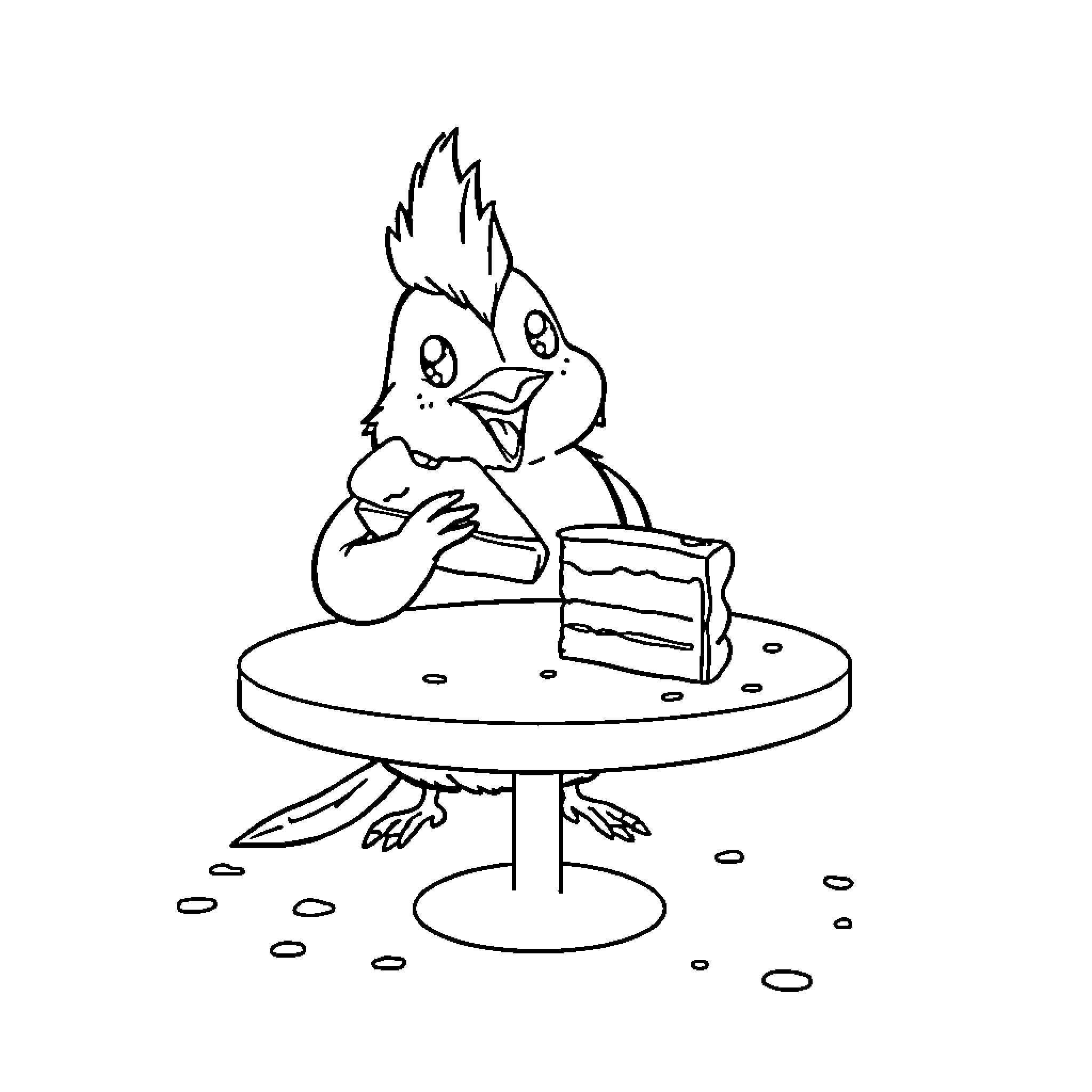 Dikkie Dik enjoys a slice of cake Coloring Page (free black-and-white line drawing printable PDF for all, from beginners to advanced learners, including children, teens, adults, and seniors)
