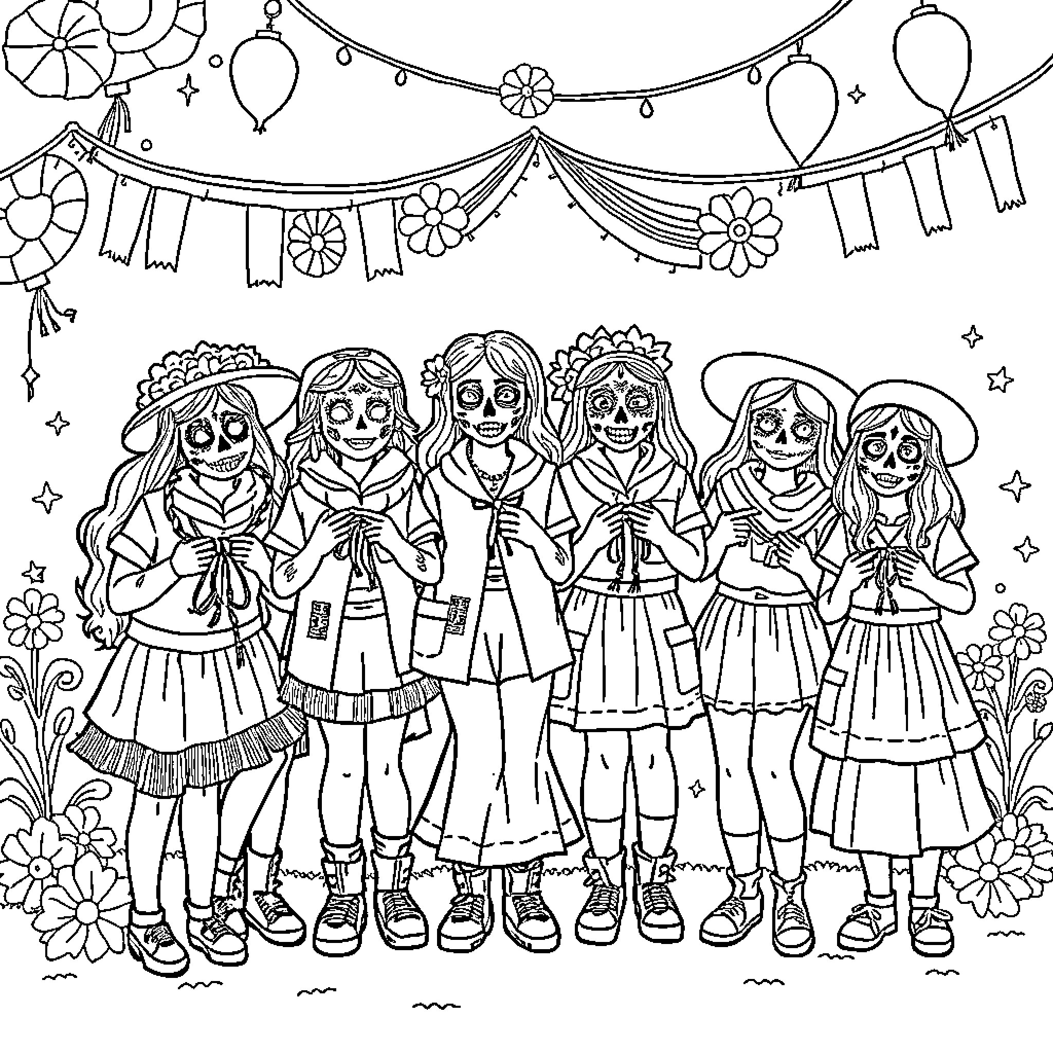 Girl Scout Troop Celebrating a Festive Occasion Coloring Page (free black-and-white line drawing printable PDF for all, from beginners to advanced learners, including children, teens, adults, and seniors)