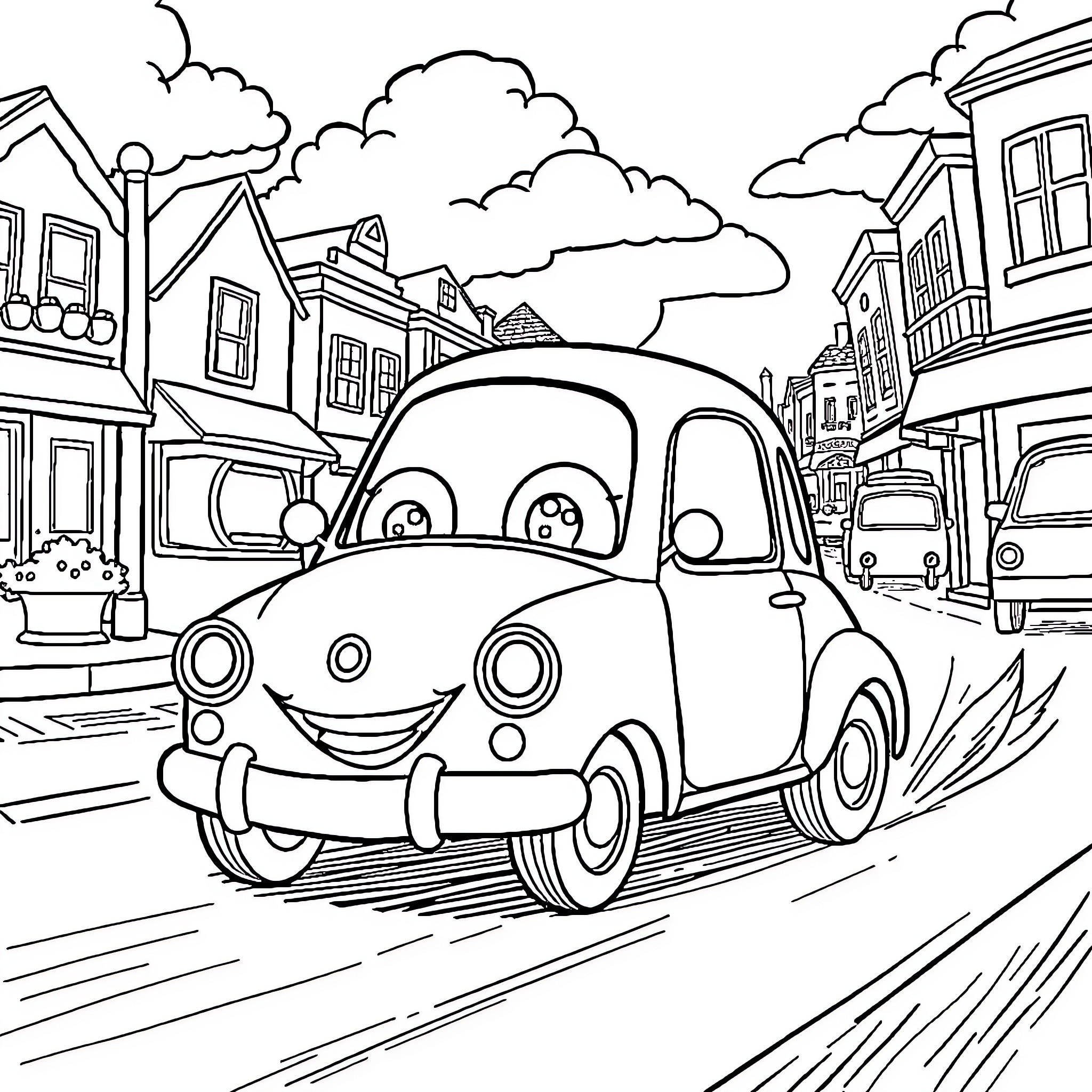 Brum's cheerful drive through the town Coloring Page (free black-and-white line drawing printable PDF for all, from beginners to advanced learners, including children, teens, adults, and seniors)