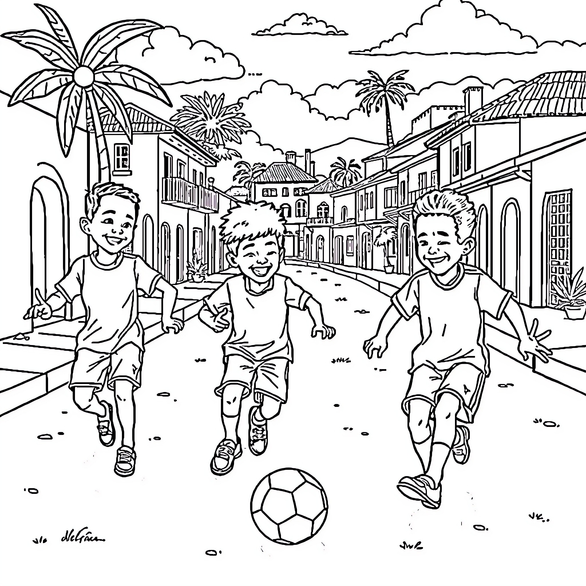 Child playing soccer in tropical town Coloring Page (free black-and-white line drawing printable PDF for all, from beginners to advanced learners, including children, teens, adults, and seniors)