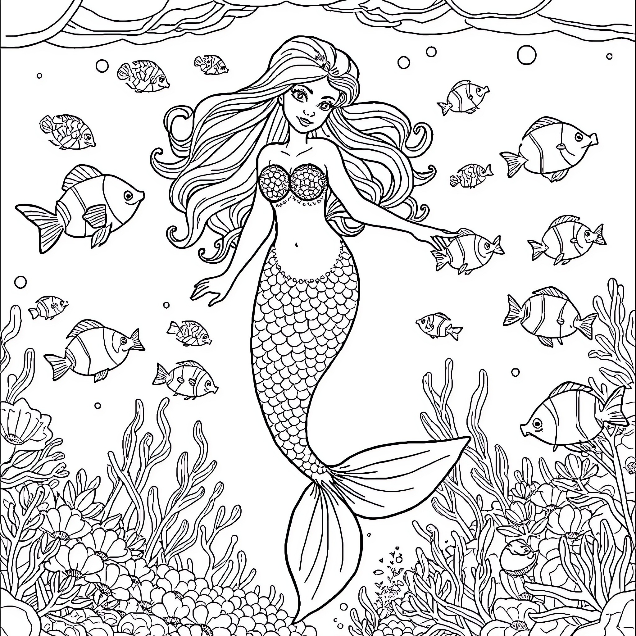 Mermaid swimming gracefully among underwater creatures Coloring Page (free black-and-white line drawing printable PDF for all, from beginners to advanced learners, including children, teens, adults, and seniors)