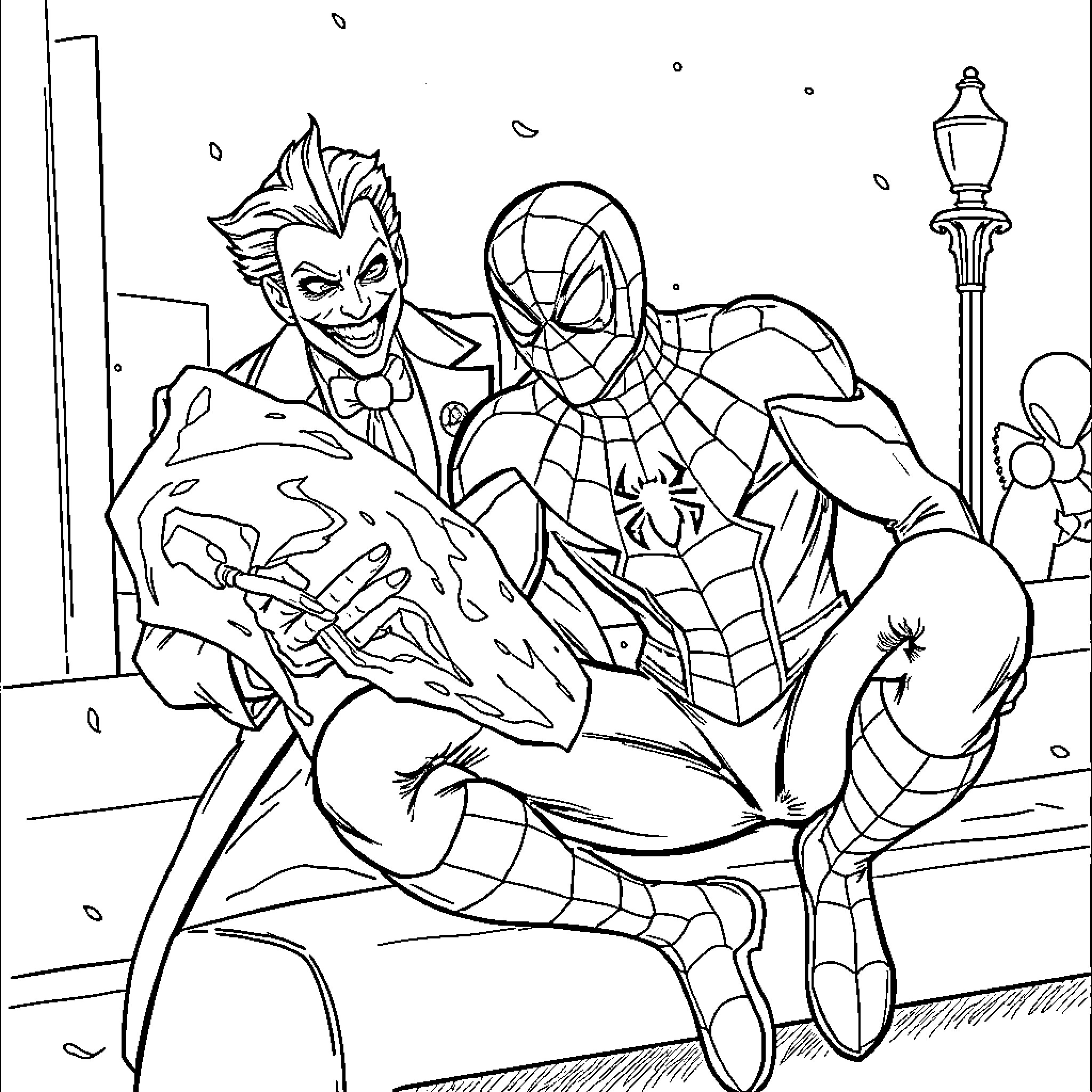 Spiderman confronting the Joker in a city setting Coloring Page (free black-and-white line drawing printable PDF for all, from beginners to advanced learners, including children, teens, adults, and seniors)