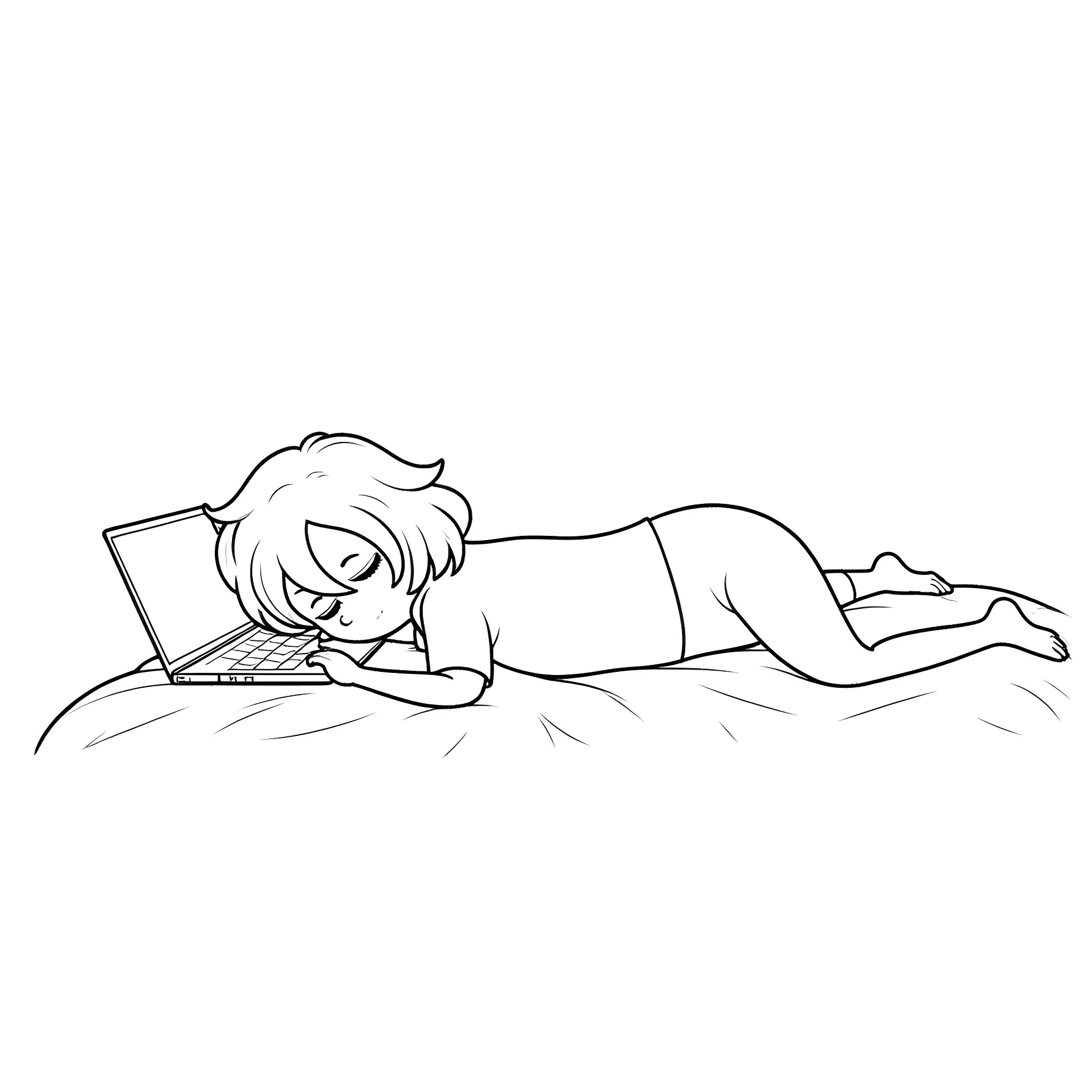 Teenager using laptop on bed Coloring Page (free black-and-white line drawing printable PDF for all, from beginners to advanced learners, including children, teens, adults, and seniors)