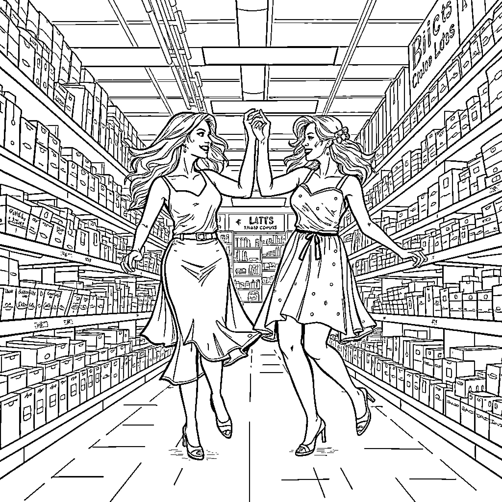 Woman Shopping with Friend in Grocery Store Coloring Page (free black-and-white line drawing printable PDF for all, from beginners to advanced learners, including children, teens, adults, and seniors)