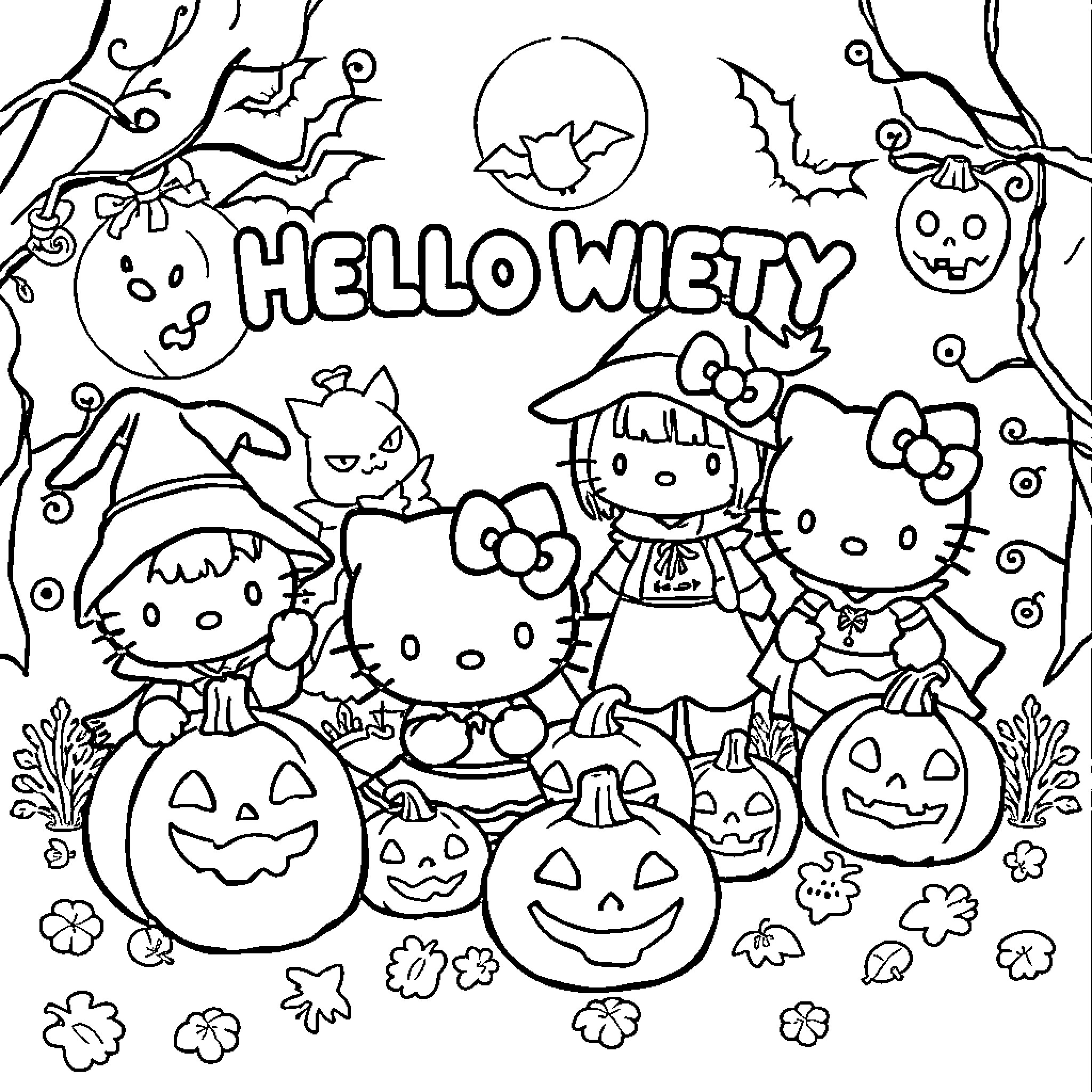 Hello Kitty and Friends Celebrate Halloween Coloring Page (free black-and-white line drawing printable PDF for all, from beginners to advanced learners, including children, teens, adults, and seniors)
