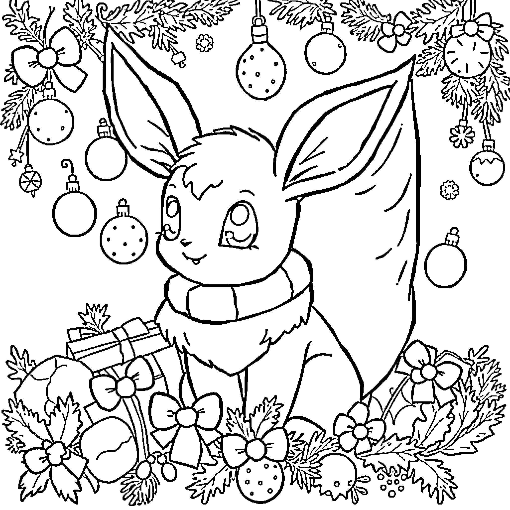 Evoli enjoying the festive Christmas decorations Coloring Page (free black-and-white line drawing printable PDF for all, from beginners to advanced learners, including children, teens, adults, and seniors)