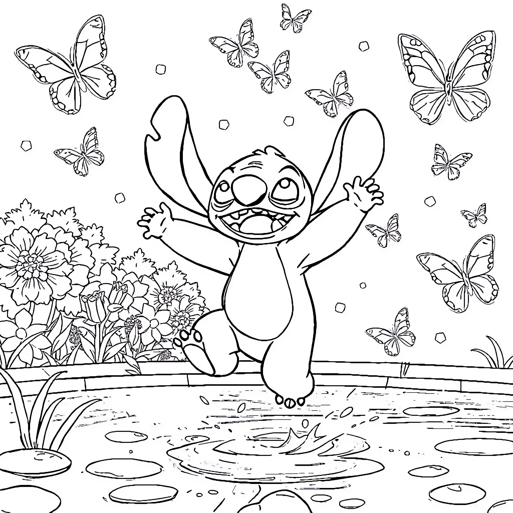 Stitch playing happily with butterflies in the garden Coloring Page (free black-and-white line drawing printable PDF for all, from beginners to advanced learners, including children, teens, adults, and seniors)