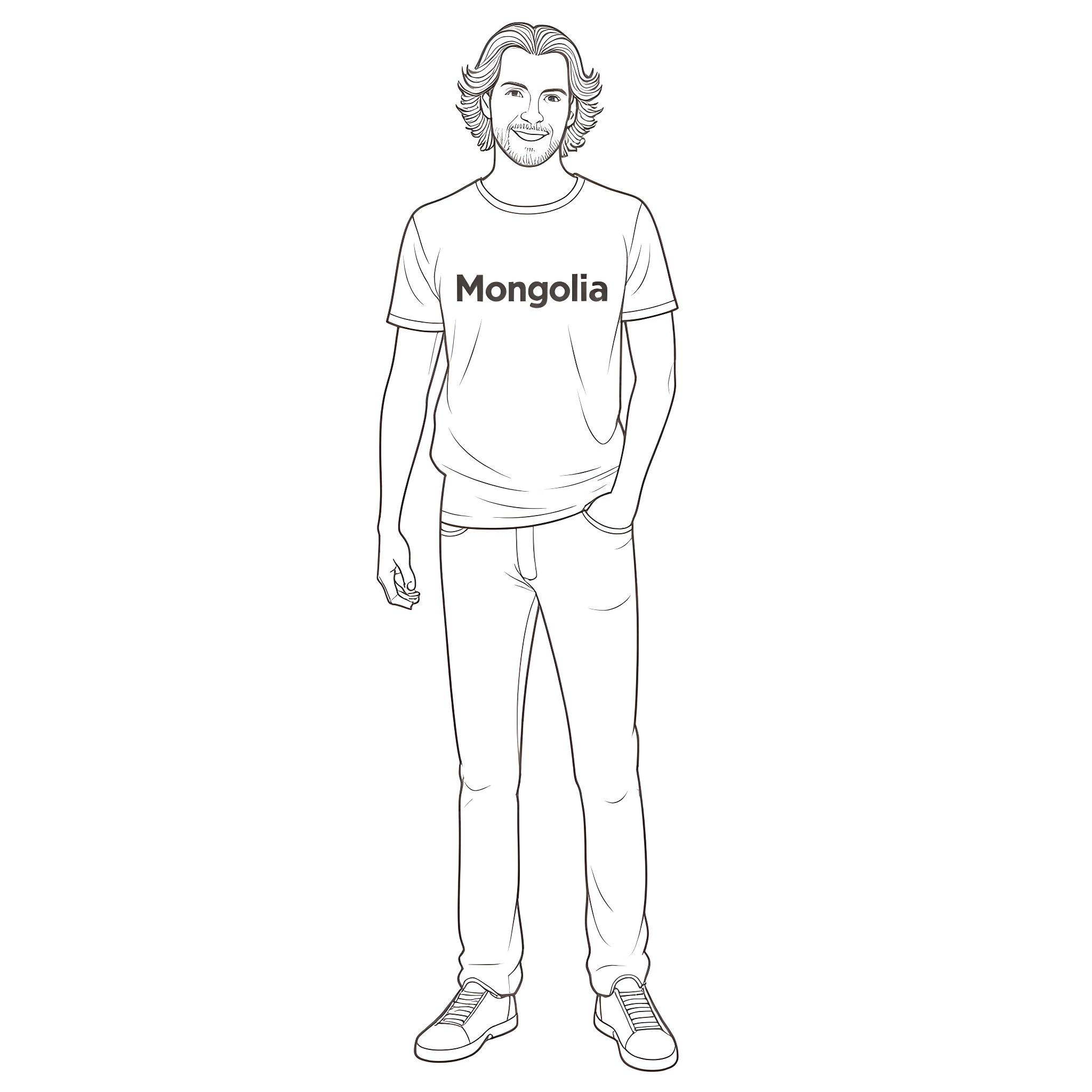Javier Milei wearing a Mongolia t-shirt Coloring Page (free black-and-white line drawing printable PDF for all, from beginners to advanced learners, including children, teens, adults, and seniors)