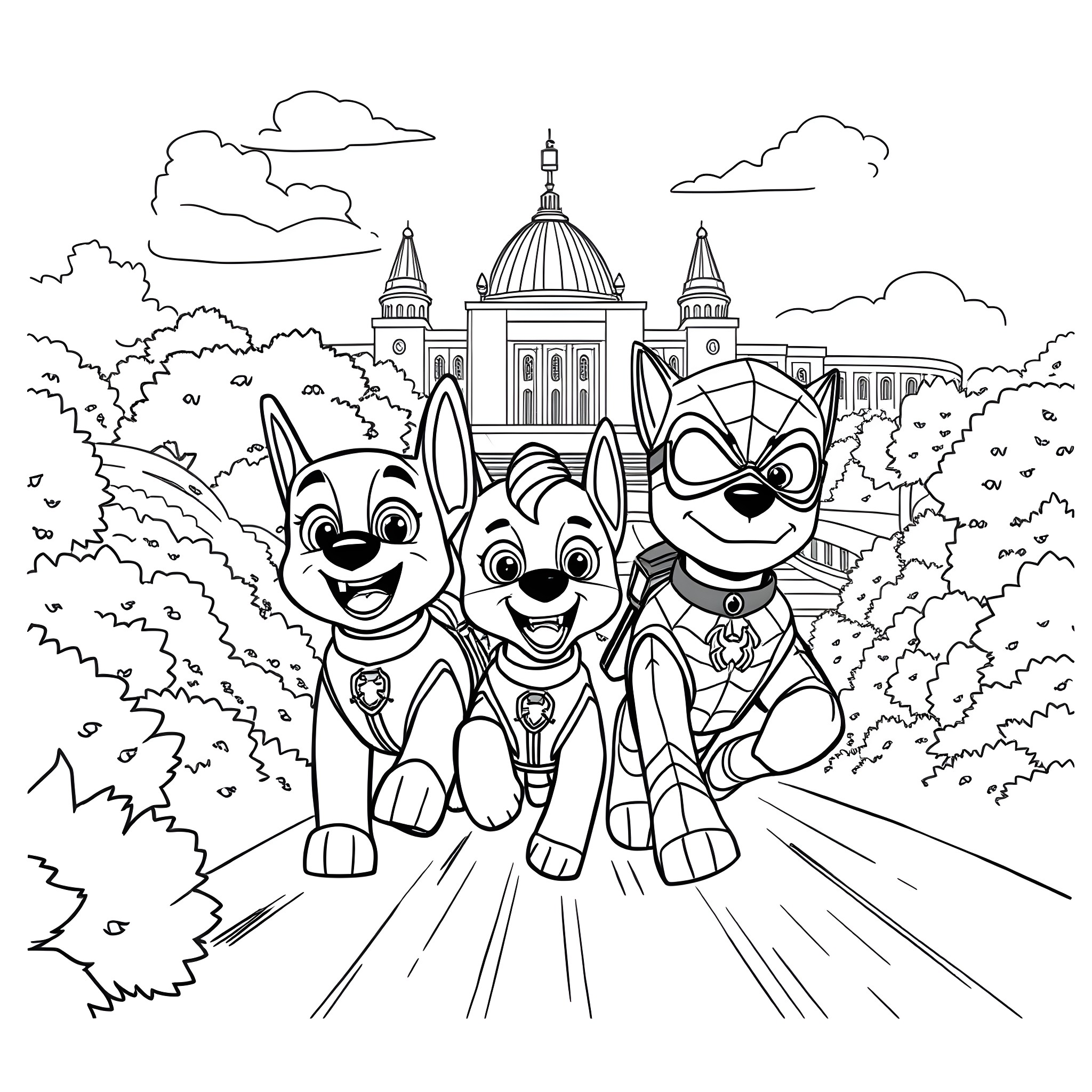Paw Patrol Canine Companions Explore the City Coloring Page (free black-and-white line drawing printable PDF for all, from beginners to advanced learners, including children, teens, adults, and seniors)