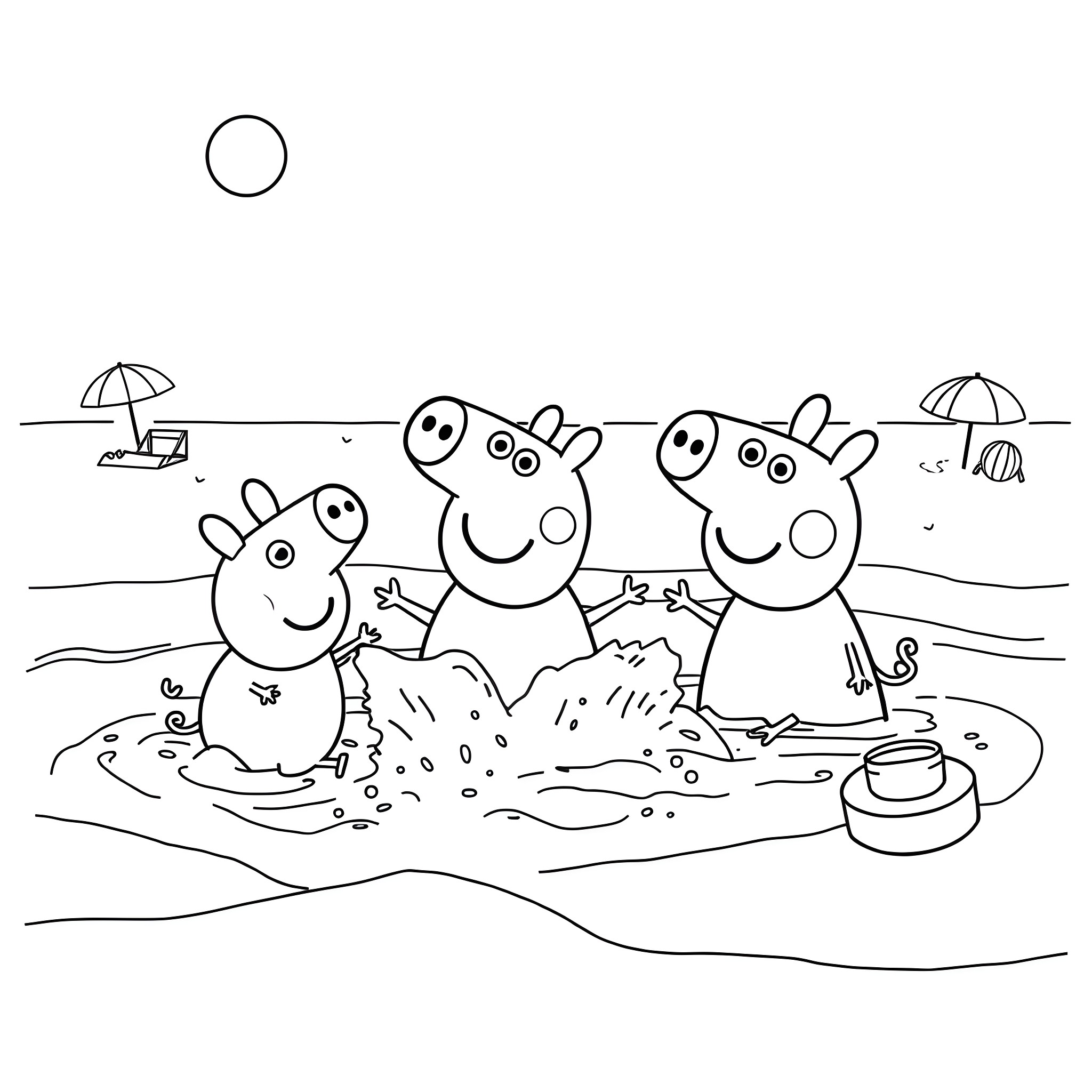 Peppa Pig and friends playing happily in the mud Coloring Page (free black-and-white line drawing printable PDF for all, from beginners to advanced learners, including children, teens, adults, and seniors)