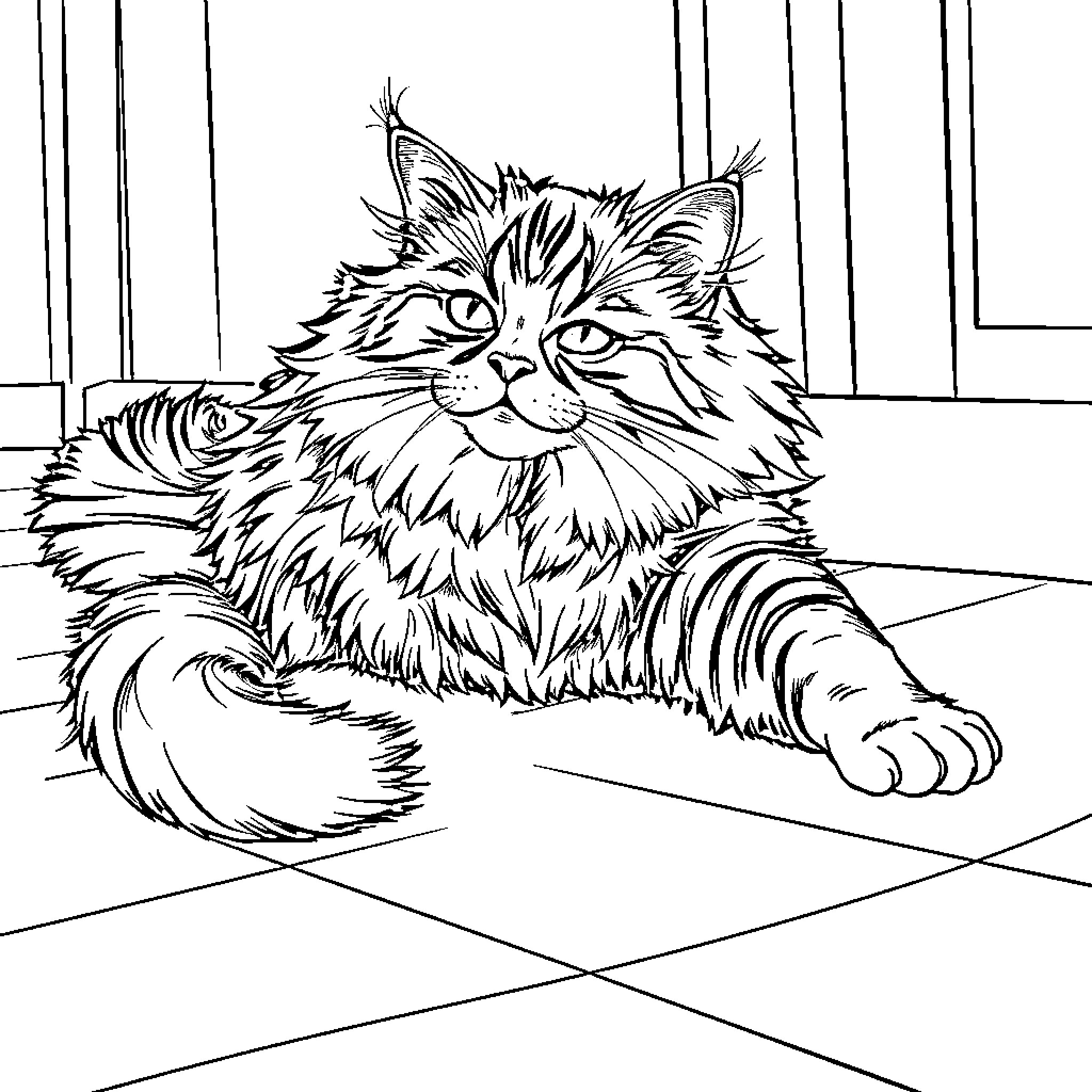 LaPerm Cat Lounging Contentedly Coloring Page (free black-and-white line drawing printable PDF for all, from beginners to advanced learners, including children, teens, adults, and seniors)