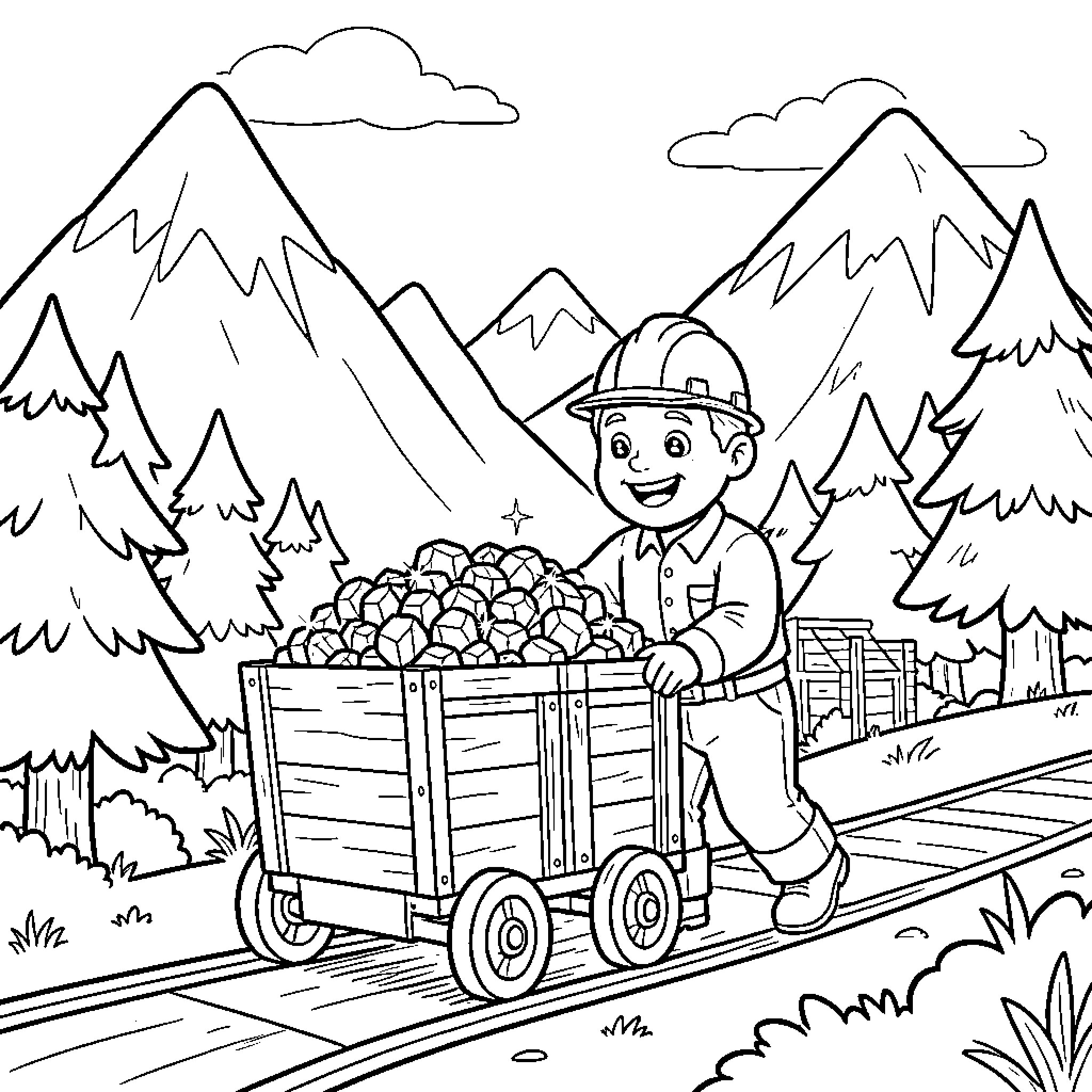 Miner transporting coal in the mountainous landscape Coloring Page (free black-and-white line drawing printable PDF for all, from beginners to advanced learners, including children, teens, adults, and seniors)