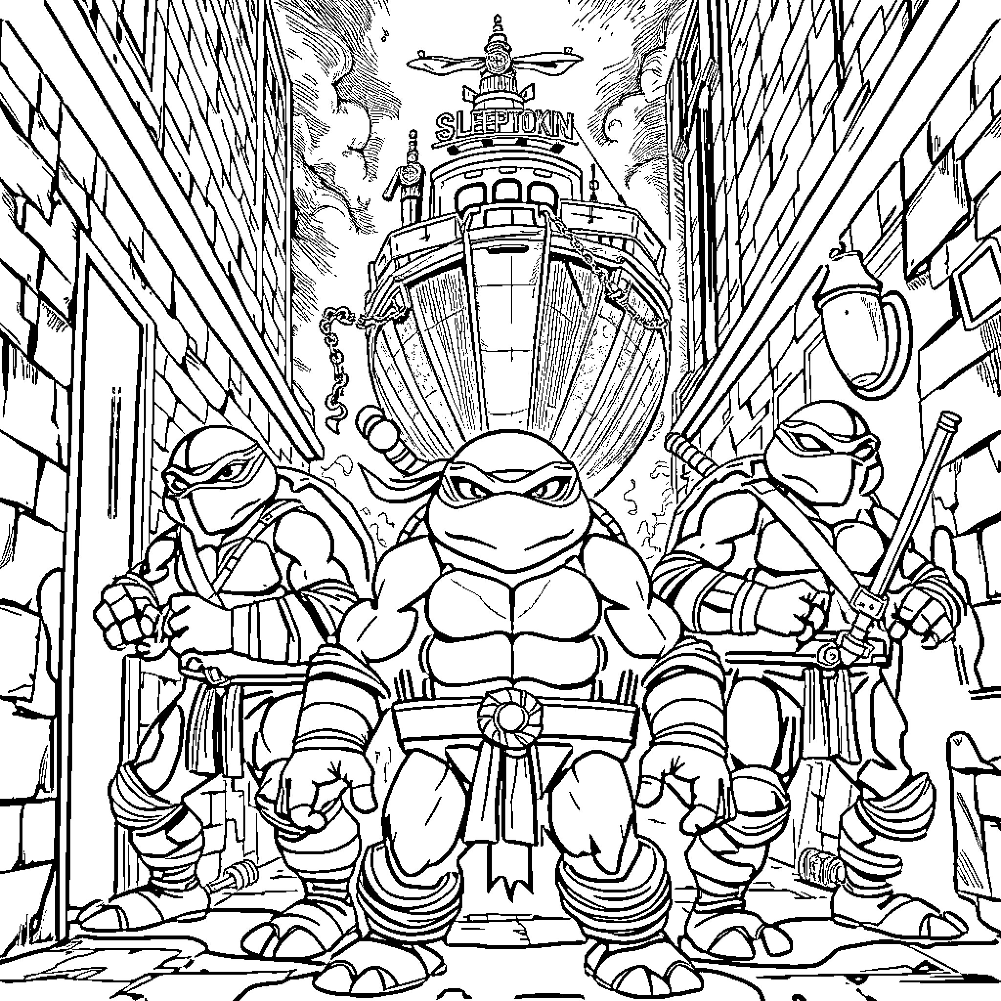 Teenage Mutant Ninja Turtles explore the city streets Coloring Page (free black-and-white line drawing printable PDF for all, from beginners to advanced learners, including children, teens, adults, and seniors)
