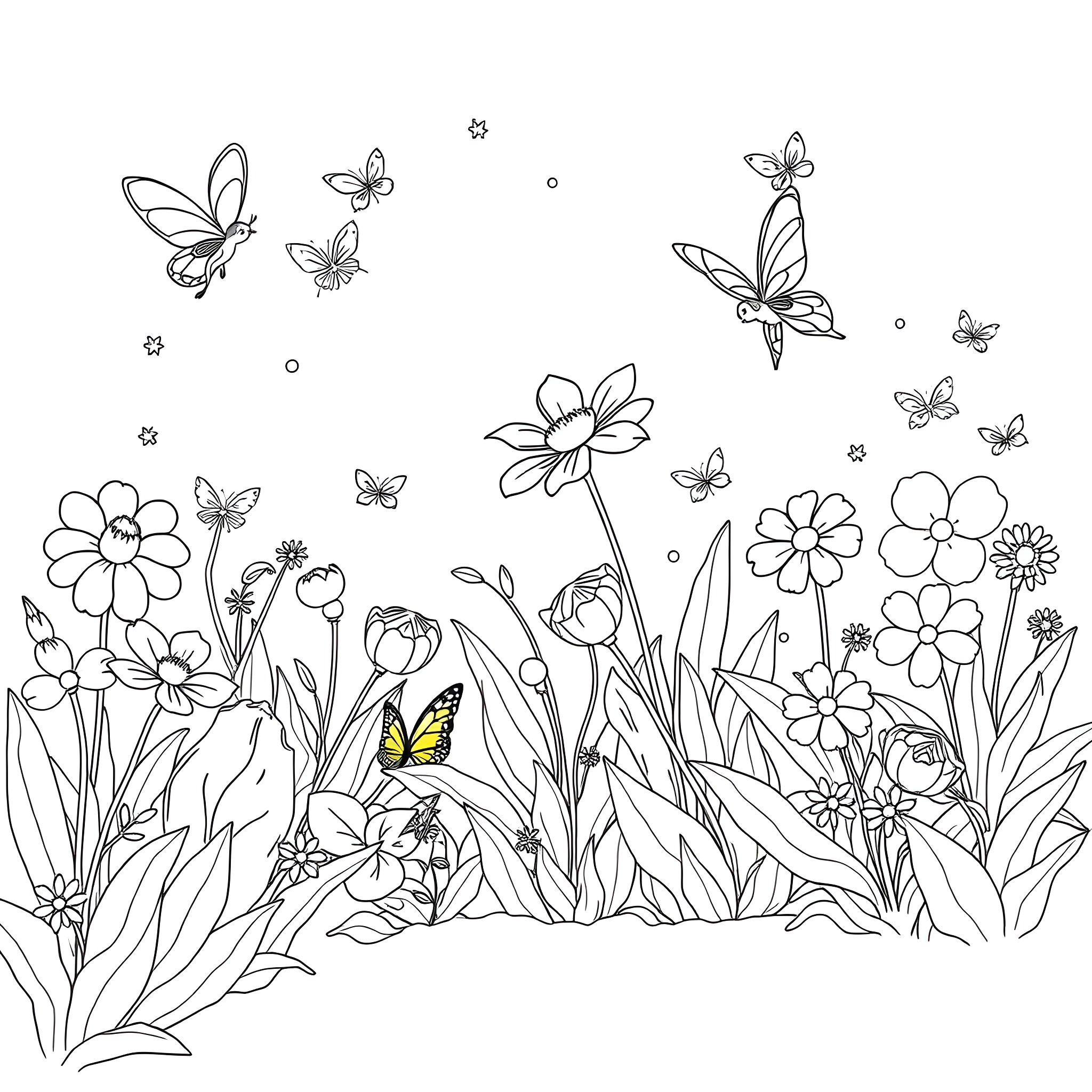 Flower Garden with Playful Butterflies Coloring Page (free black-and-white line drawing printable PDF for all, from beginners to advanced learners, including children, teens, adults, and seniors)