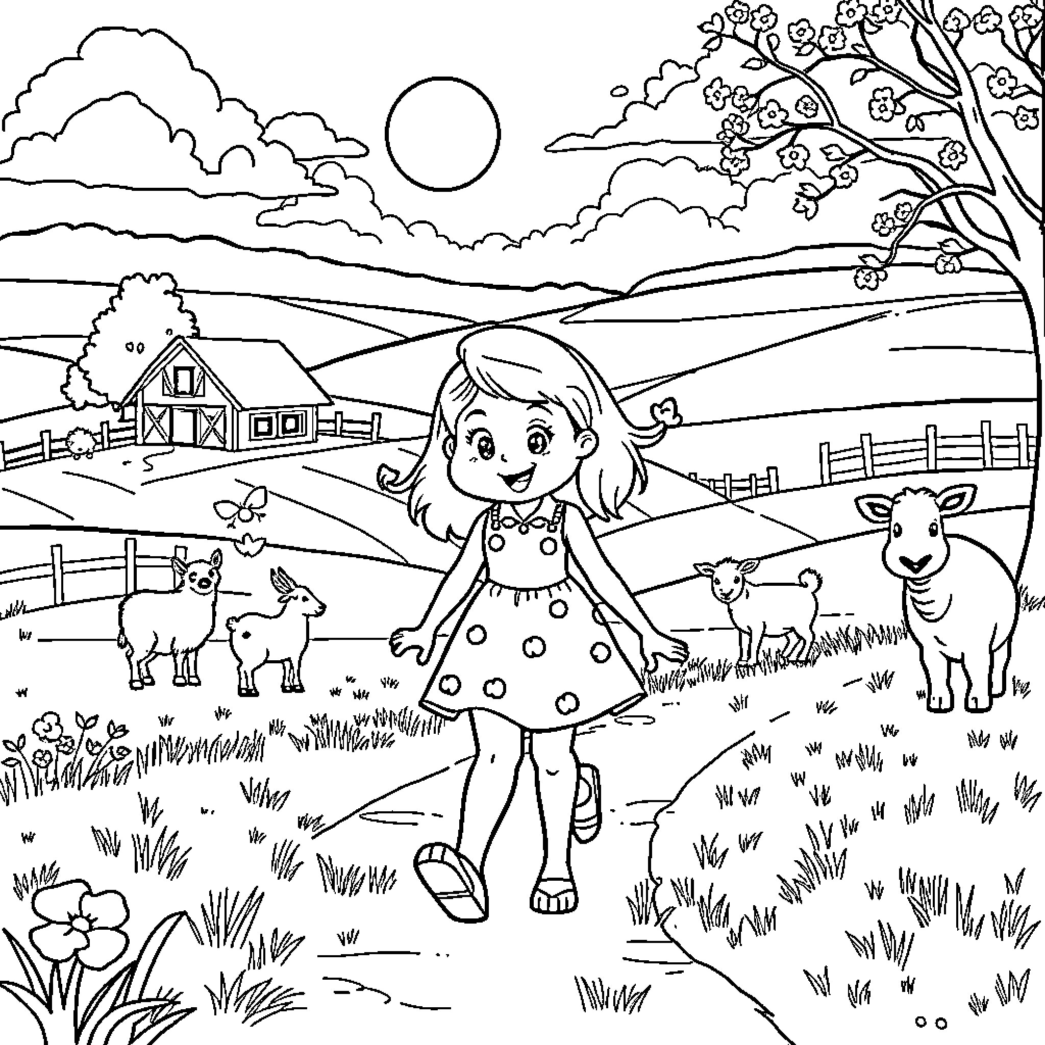 Roxane's Delightful Farm Adventure Coloring Page (free black-and-white line drawing printable PDF for all, from beginners to advanced learners, including children, teens, adults, and seniors)