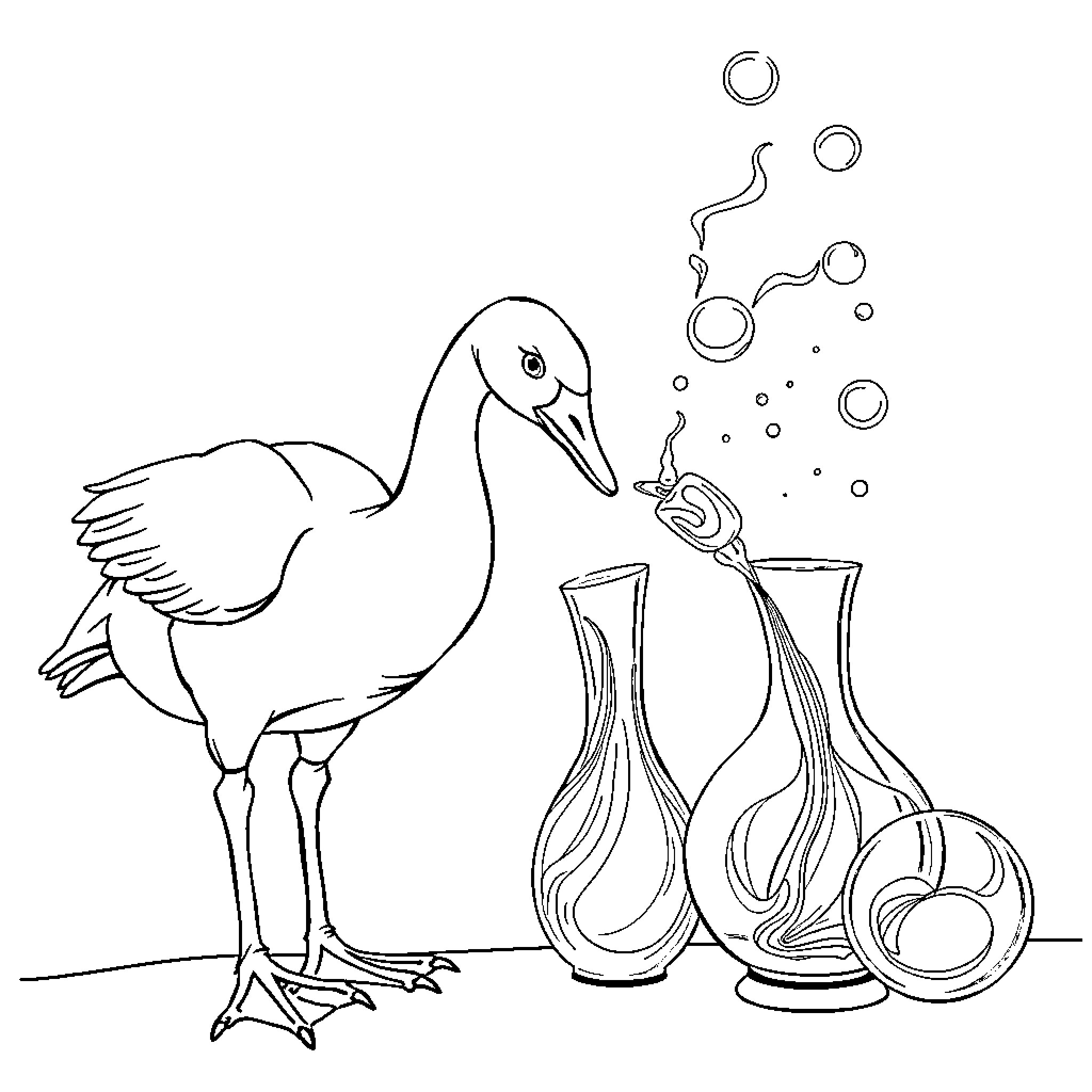 Goose standing near glass vases with bubbles Coloring Page (free black-and-white line drawing printable PDF for all, from beginners to advanced learners, including children, teens, adults, and seniors)