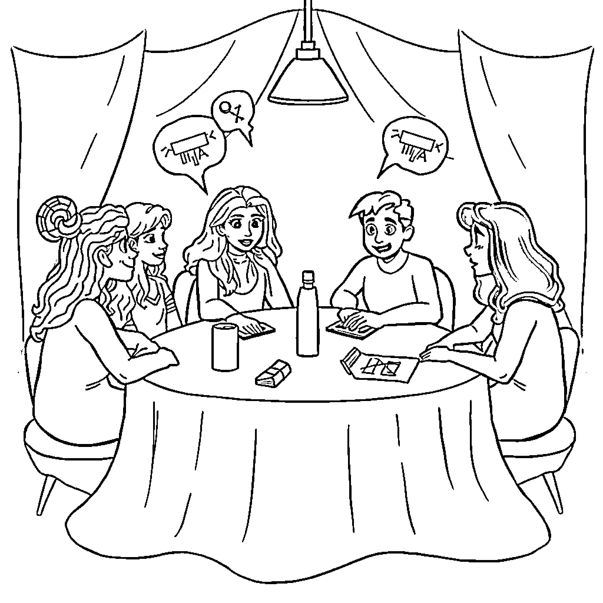 Pythagoras Friends Discussing Geometry and Philosophy Coloring Page (free black-and-white line drawing printable PDF for all, from beginners to advanced learners, including children, teens, adults, and seniors)