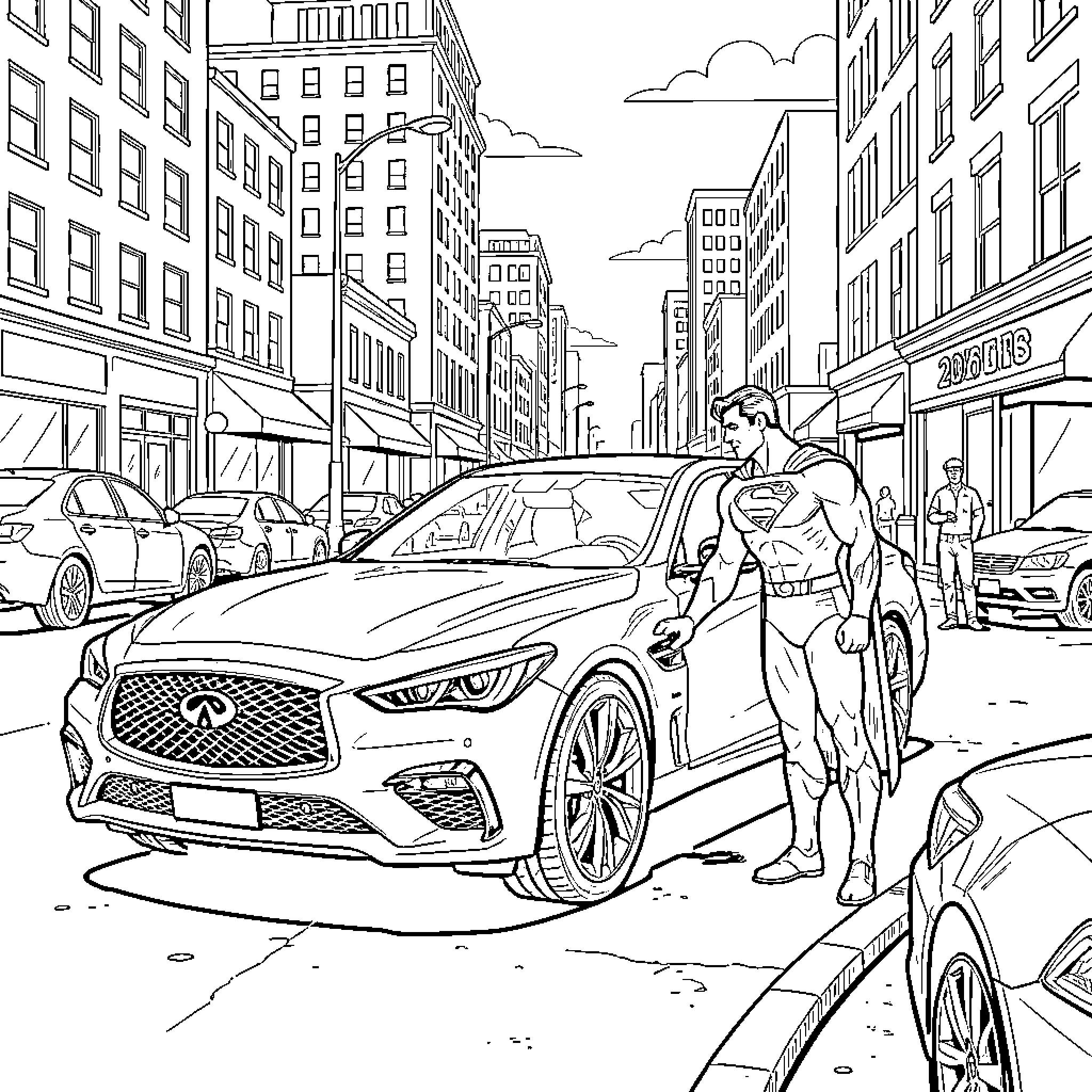 Superman saving the day in the city Coloring Page (free black-and-white line drawing printable PDF for all, from beginners to advanced learners, including children, teens, adults, and seniors)