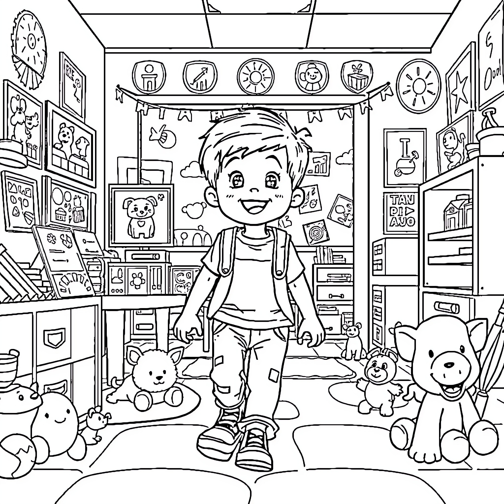 Austyn's Vibrant Playtime in His Colorful Room Coloring Page (free black-and-white line drawing printable PDF for all, from beginners to advanced learners, including children, teens, adults, and seniors)