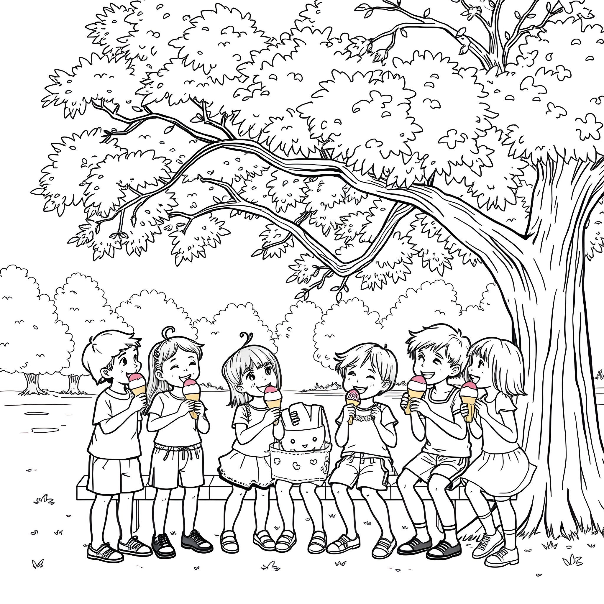 Kids enjoying ice cream in the park Coloring Page (free black-and-white line drawing printable PDF for all, from beginners to advanced learners, including children, teens, adults, and seniors)
