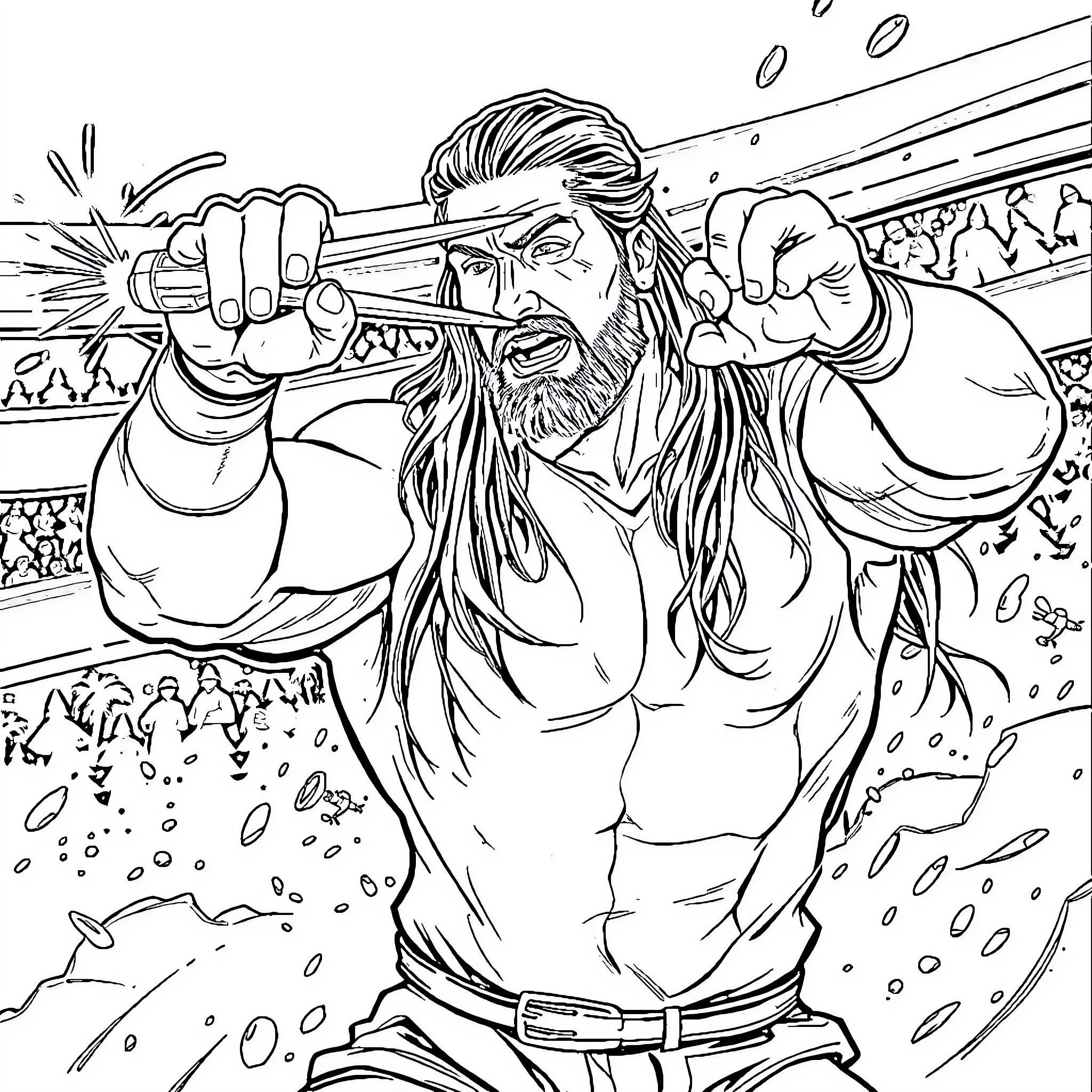 Roman Reigns' Powerful and Intense Wrestling Performance Coloring Page (free black-and-white line drawing printable PDF for all, from beginners to advanced learners, including children, teens, adults, and seniors)
