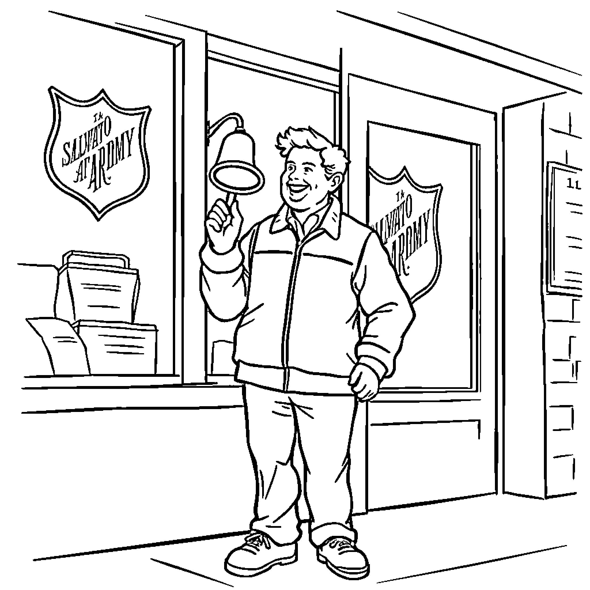 Bell Ringer in a Charitable Organization Coloring Page (free black-and-white line drawing printable PDF for all, from beginners to advanced learners, including children, teens, adults, and seniors)