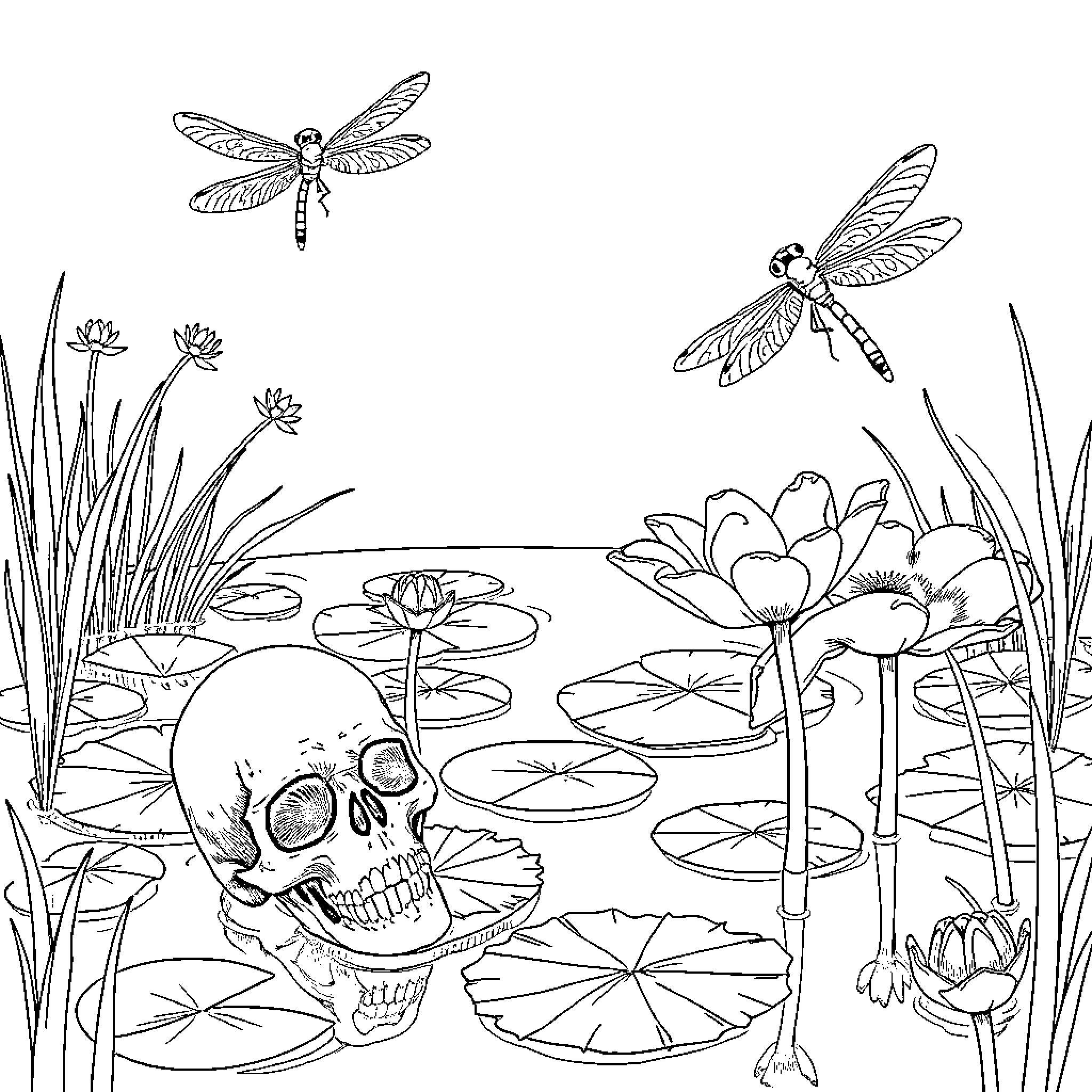 Dragonflies soaring above a mystical water lily pond Coloring Page (free black-and-white line drawing printable PDF for all, from beginners to advanced learners, including children, teens, adults, and seniors)