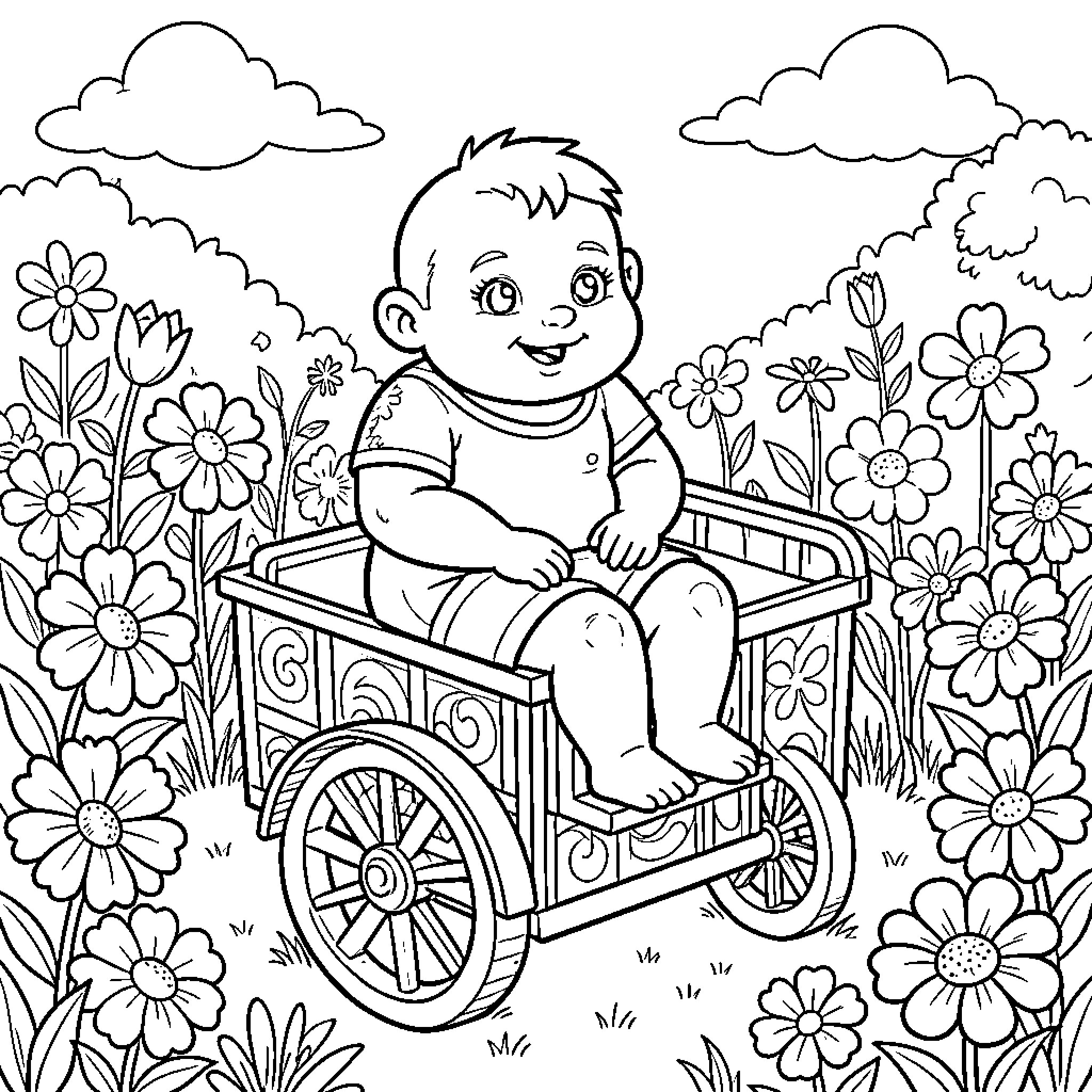 Chiku Banti playing happily in the garden Coloring Page (free black-and-white line drawing printable PDF for all, from beginners to advanced learners, including children, teens, adults, and seniors)