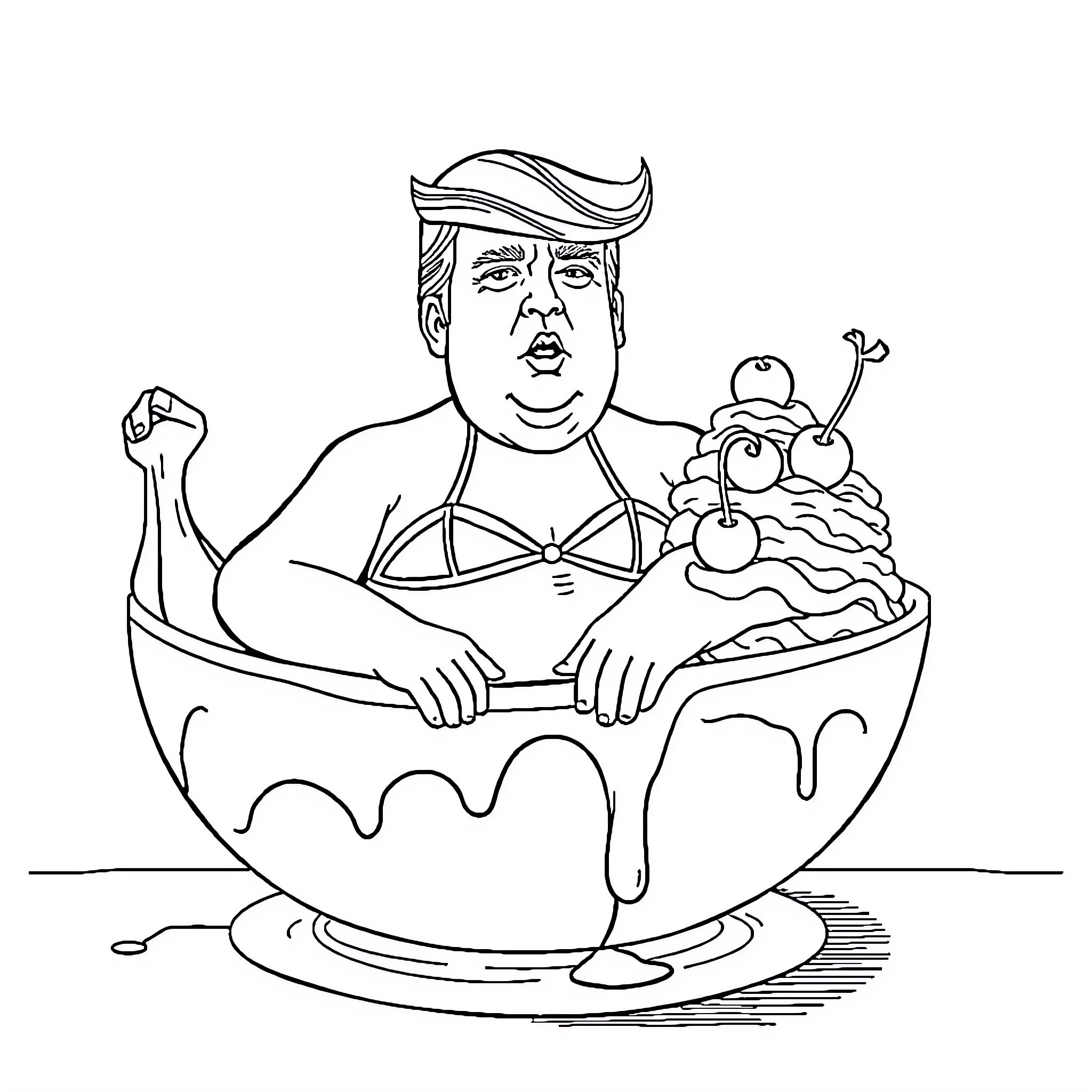 Trump enjoying a delightful dessert Coloring Page (free black-and-white line drawing printable PDF for all, from beginners to advanced learners, including children, teens, adults, and seniors)